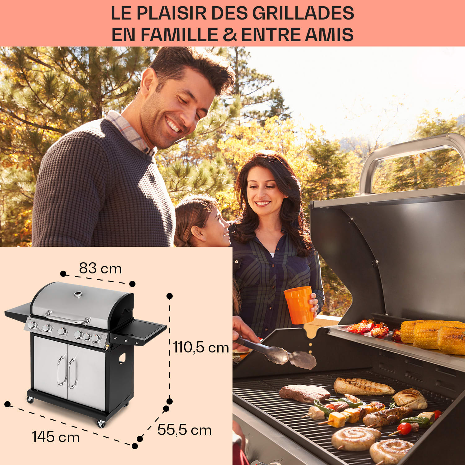 Tomahawk gasbarbecue 5 x 3,6 kW + 2,7 kW brander 80 x 43,5 cm grill rvs 5 hoofdbrander + 1 zijbrander