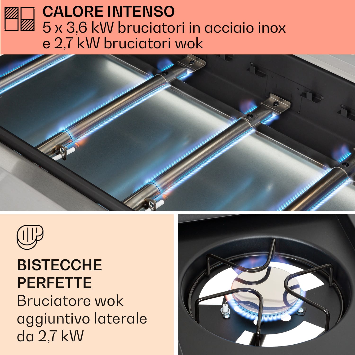 Tomahawk - Griglia a gas, 5 bruciatori da 3,6 kW + 1 bruciatore da 2,7 kW, 80 x 43,5 cm, acciaio inox 5 bruciatori principali + 1 bruciatore ausiliario