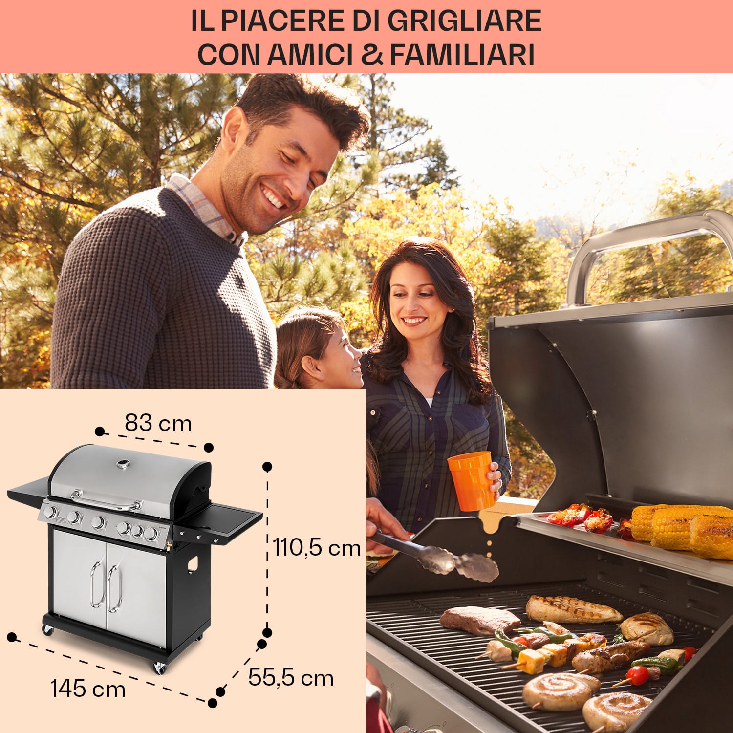 Tomahawk - Griglia a gas, 5 bruciatori da 3,6 kW + 1 bruciatore da 2,7 kW, 80 x 43,5 cm, acciaio inox 5 bruciatori principali + 1 bruciatore ausiliario