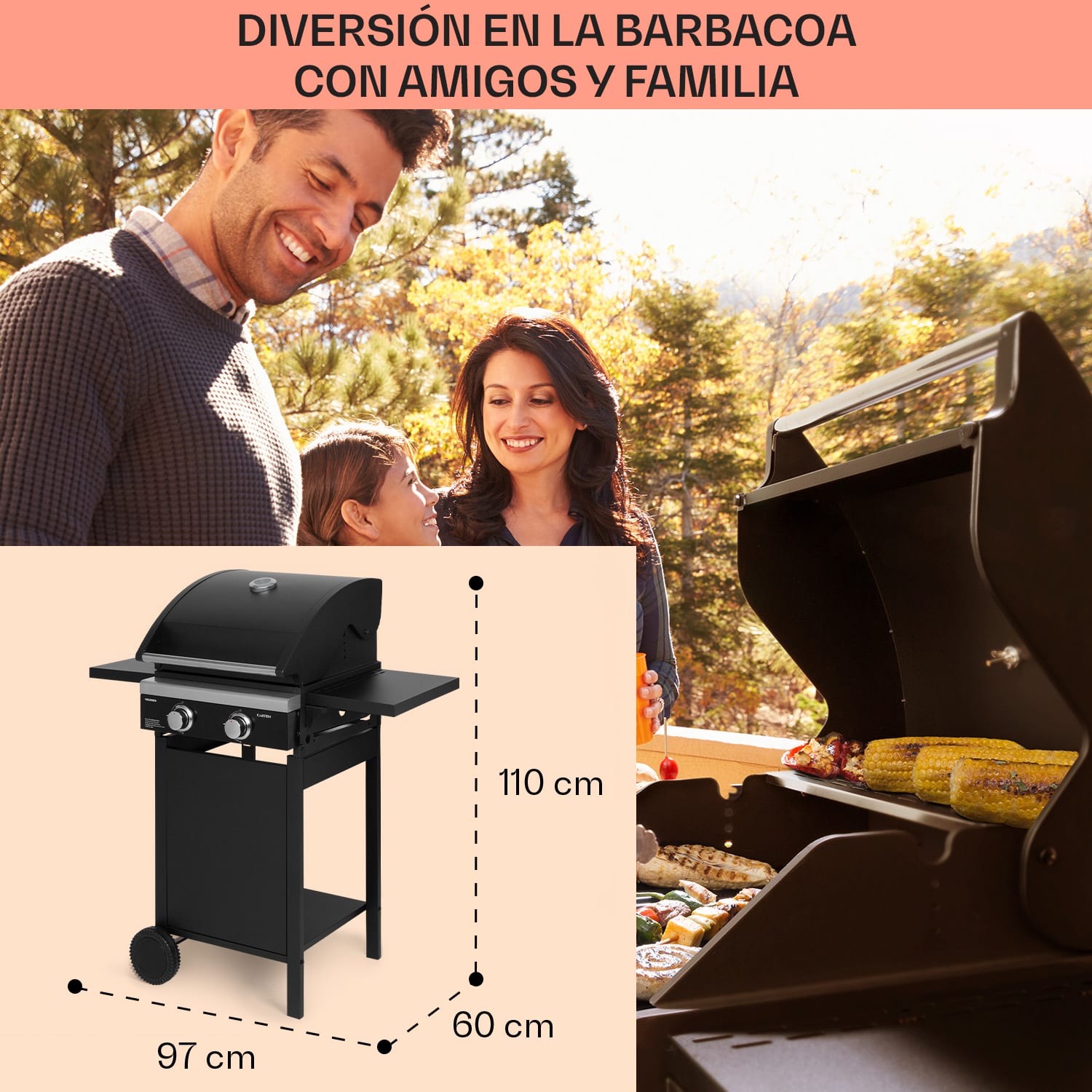 Barbacoa de gas Valdosta 2.0 2 x 3,6 kW quemador acero inoxidable móvil 2 fogones