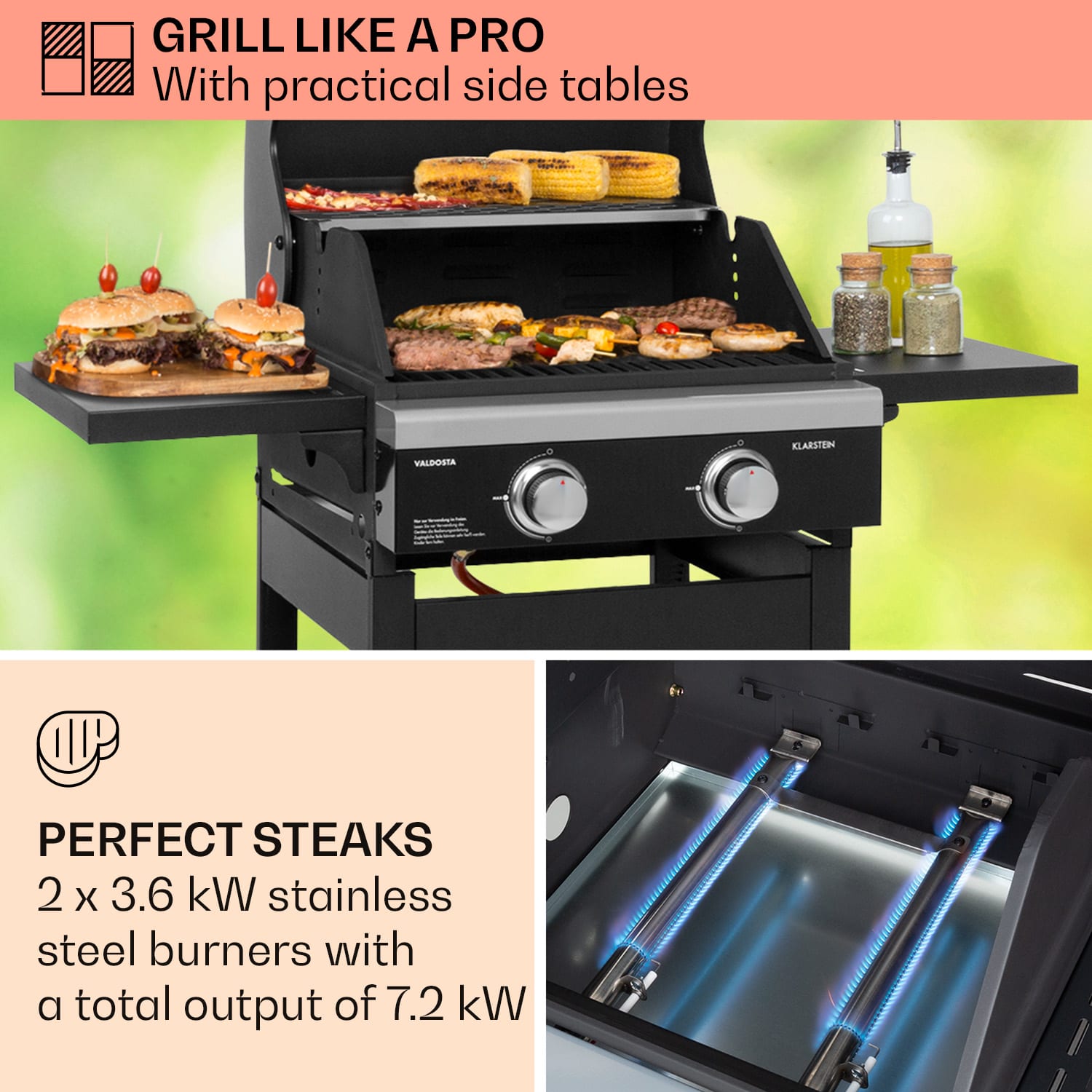 Valdosta 2.0, gázgrill, 2 x 3,6 kW-os égő. rozsdamentes acél, mobil 