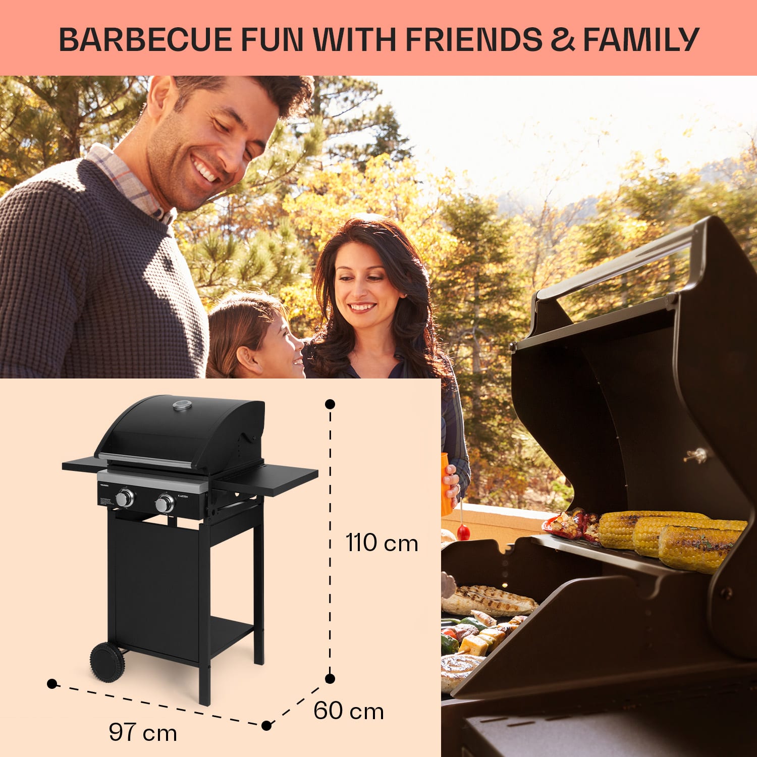 Valdosta 2.0, gázgrill, 2 x 3,6 kW-os égő. rozsdamentes acél, mobil 