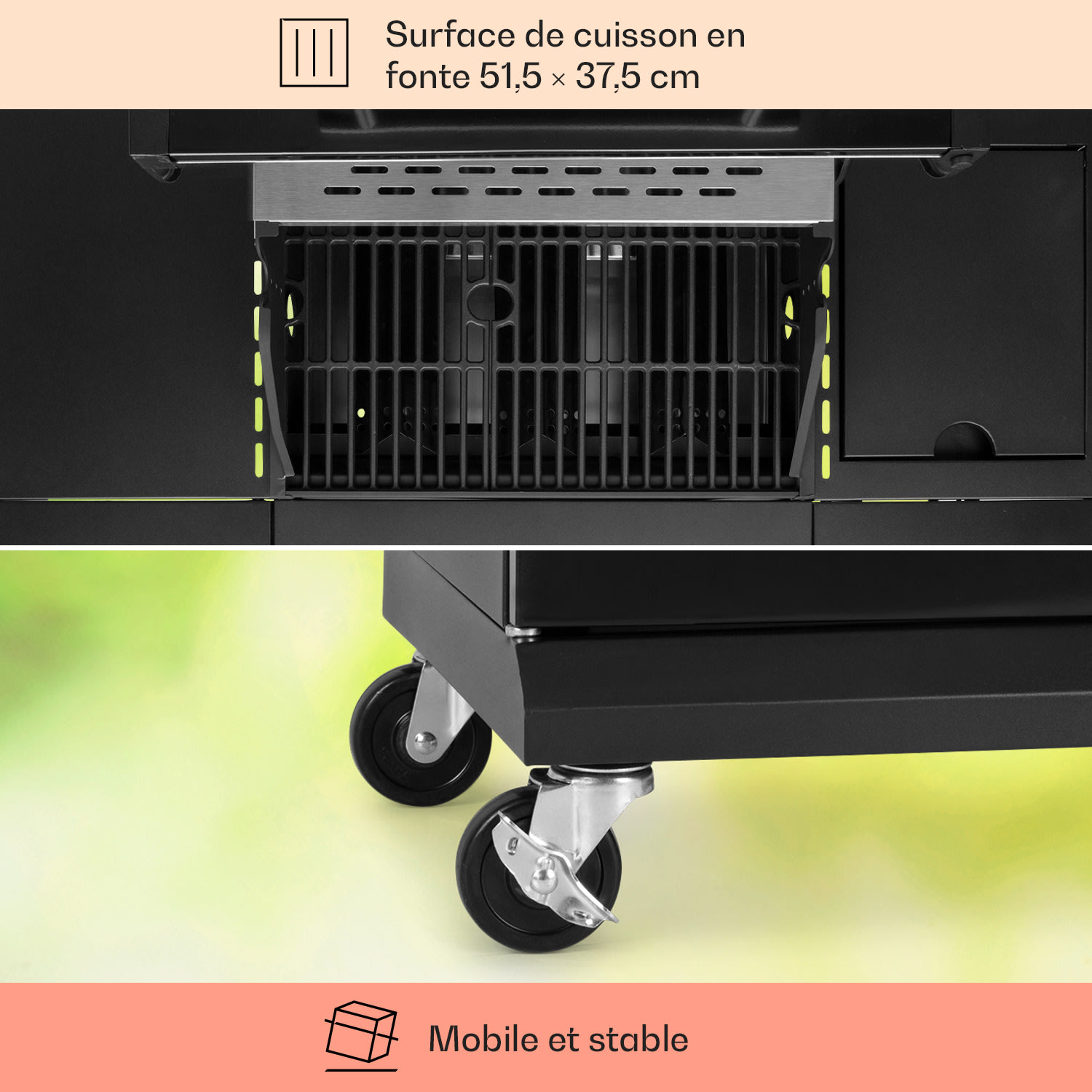Valdosta 3.1 Barbecue à gaz brûleurs 3 x 2,8 kW + 2,5 kW mobile en acier inoxydable 3 brûleurs principaux + 1 brûleur auxiliaire