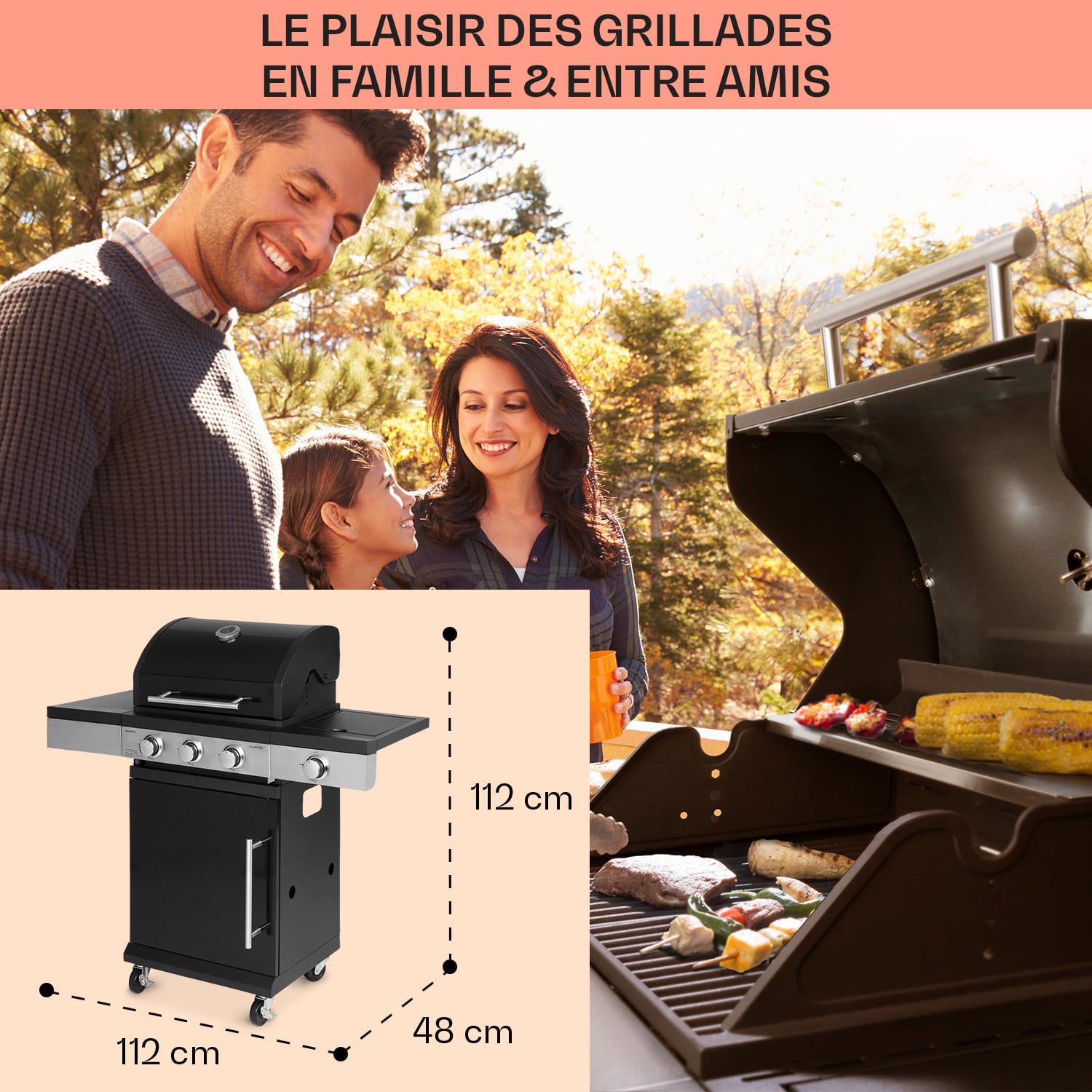 Valdosta 3.1 Barbecue à gaz brûleurs 3 x 2,8 kW + 2,5 kW mobile en acier inoxydable 3 brûleurs principaux + 1 brûleur auxiliaire