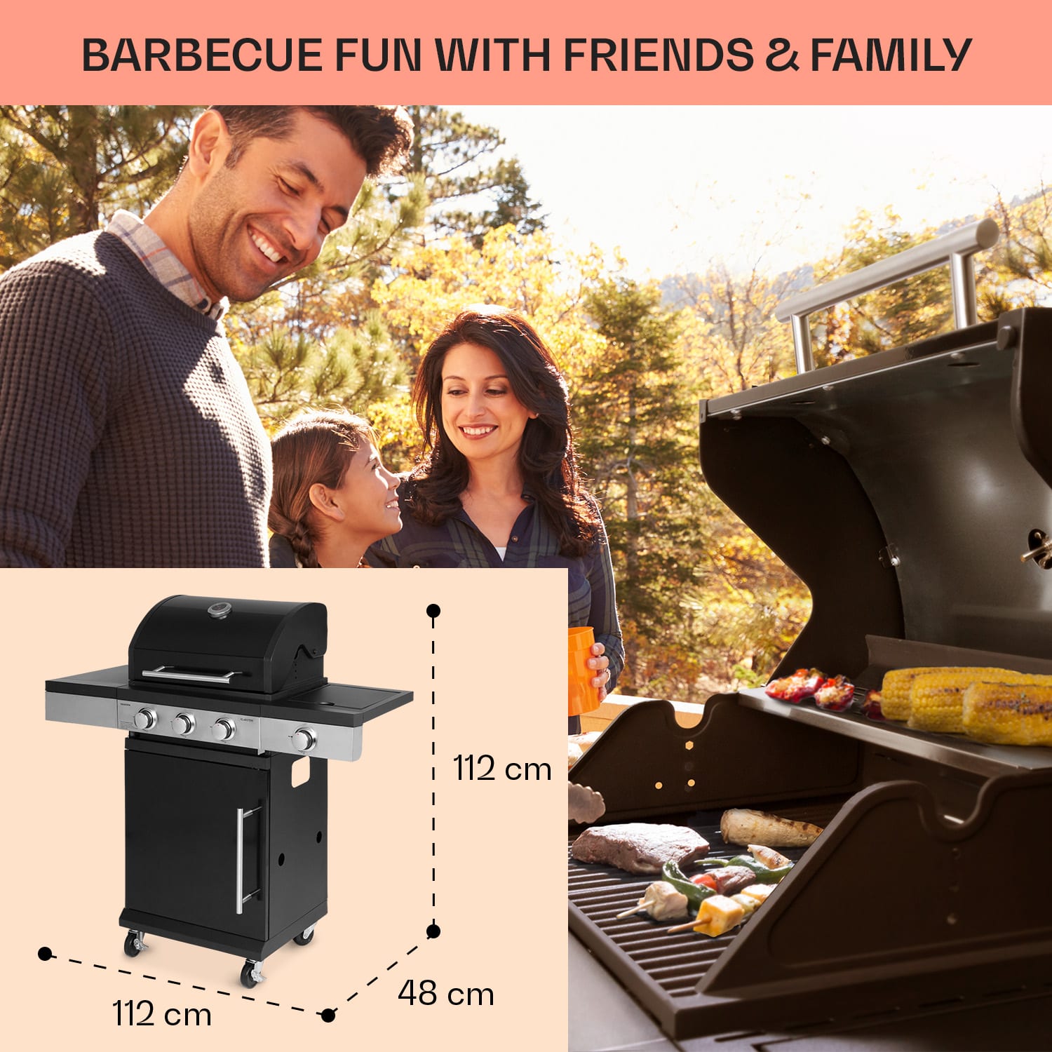 Valdosta 3.1, gázgrill, 3 x 2,8 kW + 2,5 kW égő. rozsdamentes acél, mobil 3 fő égő + 1 oldalsó égő