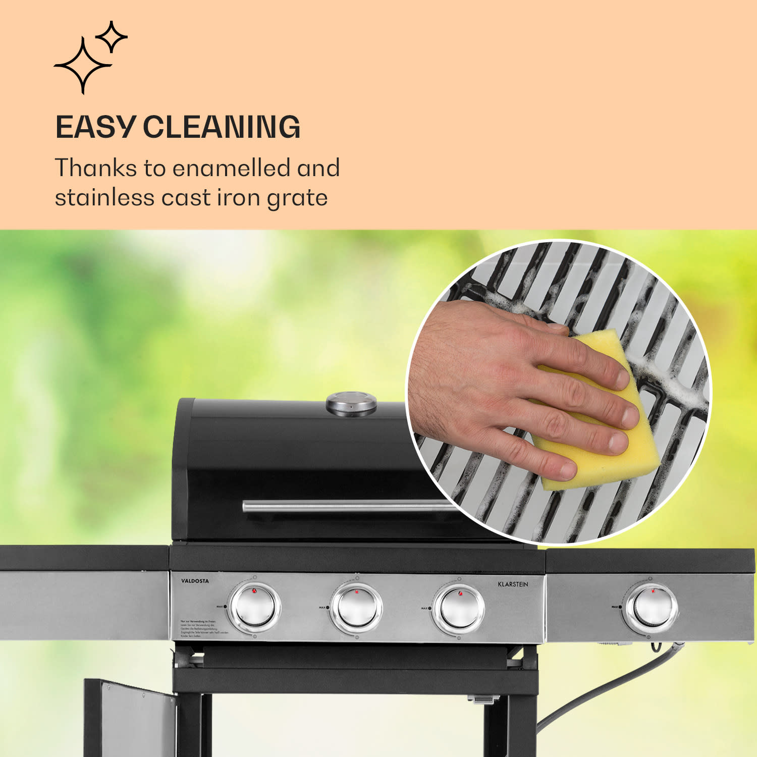 Valdosta 3.1, gázgrill, 3 x 2,8 kW + 2,5 kW égő. rozsdamentes acél, mobil 3 fő égő + 1 oldalsó égő
