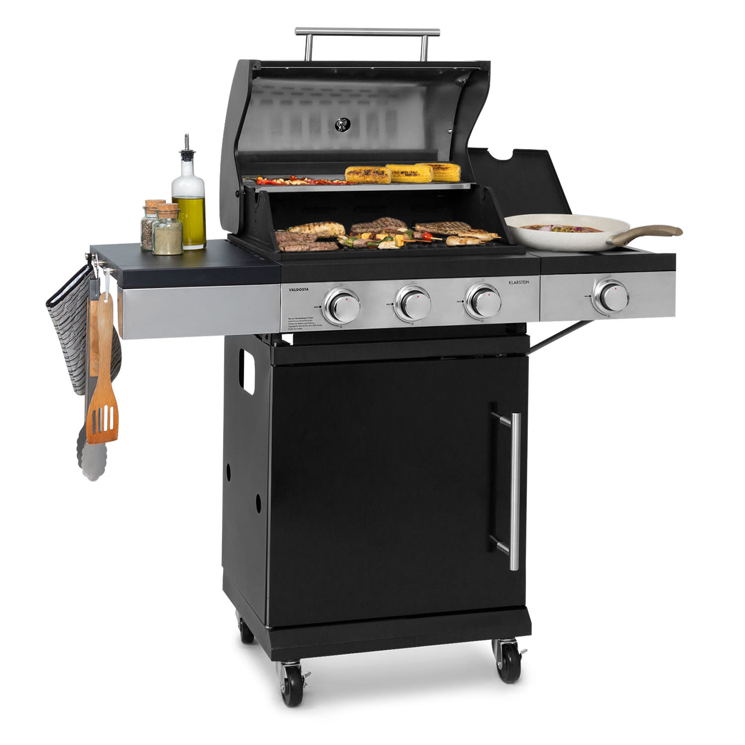 Valdosta 3.1, gázgrill, 3 x 2,8 kW + 2,5 kW égő. rozsdamentes acél, mobil 3 fő égő + 1 oldalsó égő