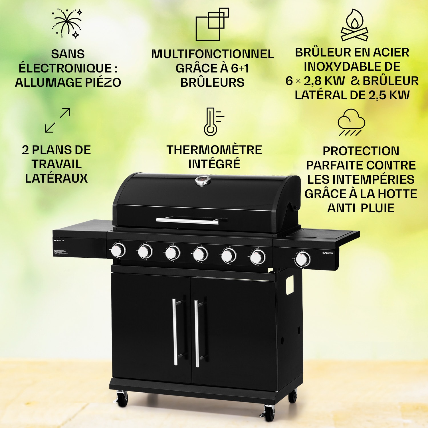 Valdosta 6.1 gasbarbecue 6+1 brander 19,3 kW totaal vermogen 6 hoofdbrander + 1 zijbrander