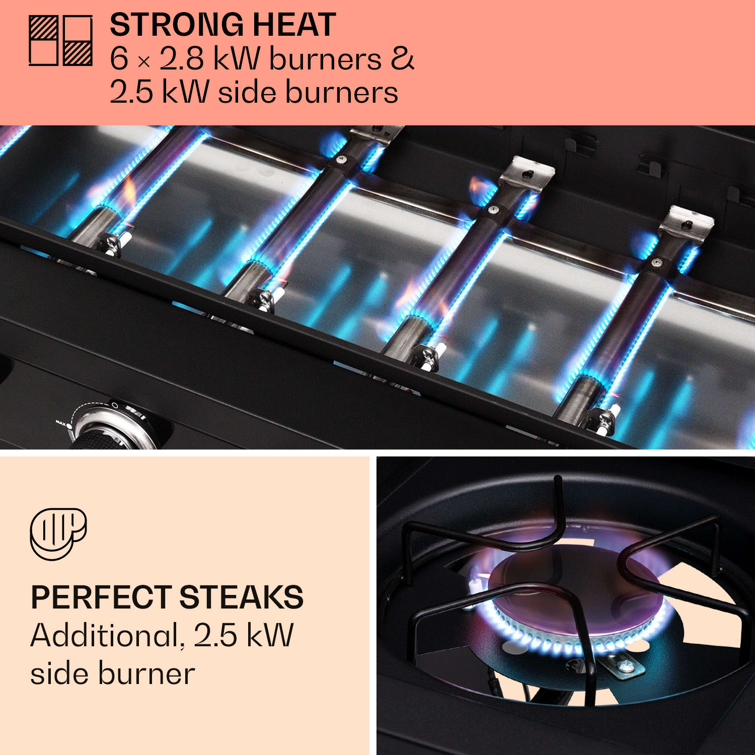 Valdosta 6.1, plynový gril, 6+1 hořák, 19,3 kW celkový výkon 6 hlavní hořáky + 1 boční hořák
