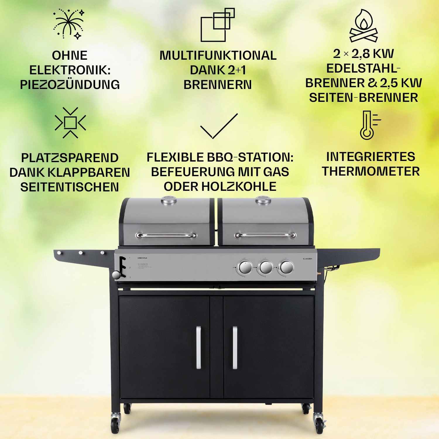 Kingsville - Griglia combinata, gas + carbonella, 8,1 kW, 2+1 bruciatori, regolabile in altezza 2 bruciatori principali + 1 bruciatore ausiliario