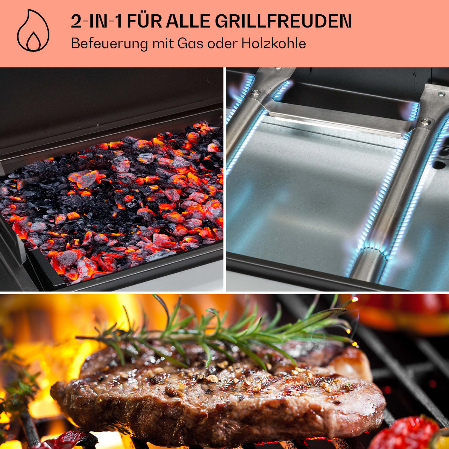 Kingsville - Griglia combinata, gas + carbonella, 8,1 kW, 2+1 bruciatori, regolabile in altezza 2 bruciatori principali + 1 bruciatore ausiliario