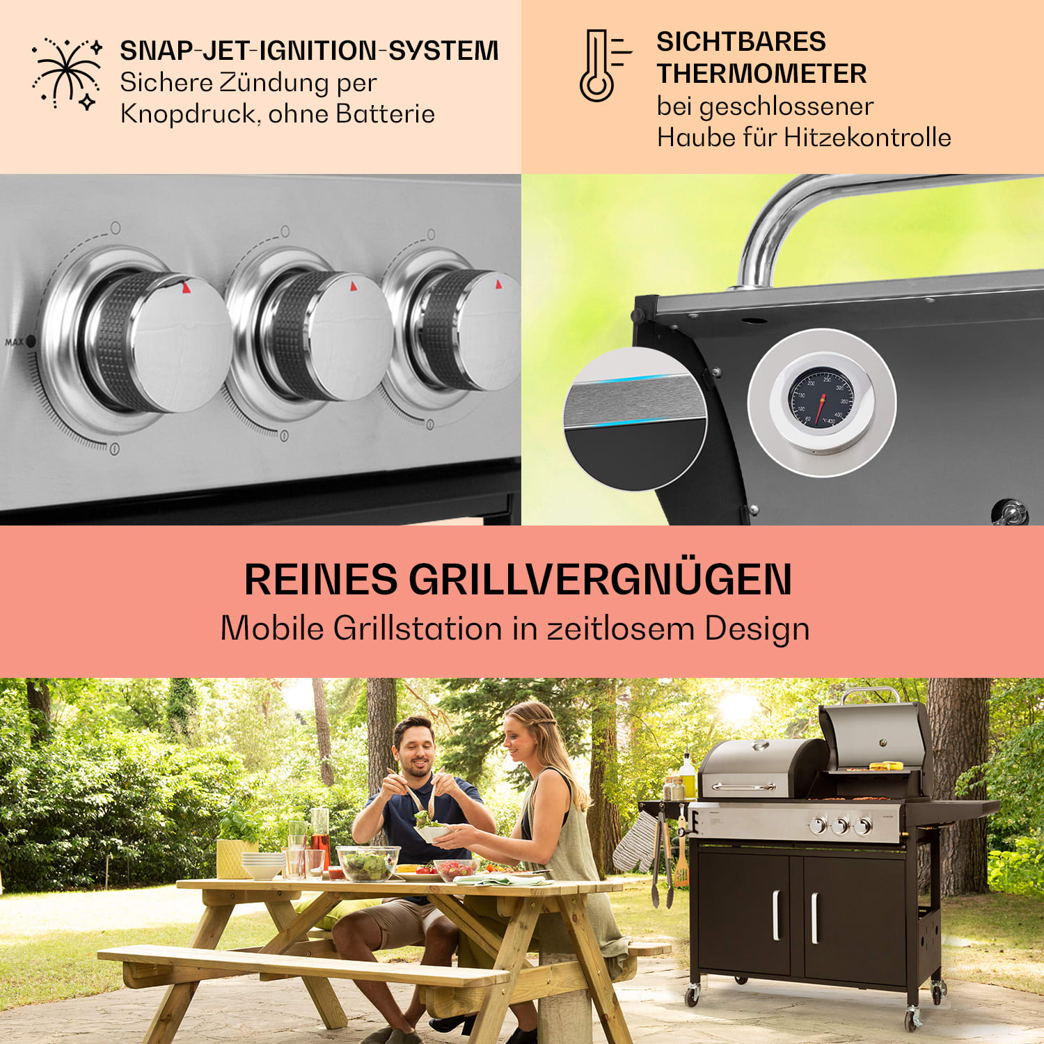 Kingsville - Griglia combinata, gas + carbonella, 8,1 kW, 2+1 bruciatori, regolabile in altezza 2 bruciatori principali + 1 bruciatore ausiliario