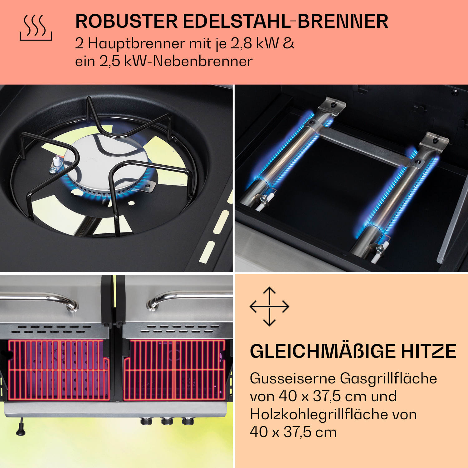 Kingsville - Griglia combinata, gas + carbonella, 8,1 kW, 2+1 bruciatori, regolabile in altezza 2 bruciatori principali + 1 bruciatore ausiliario