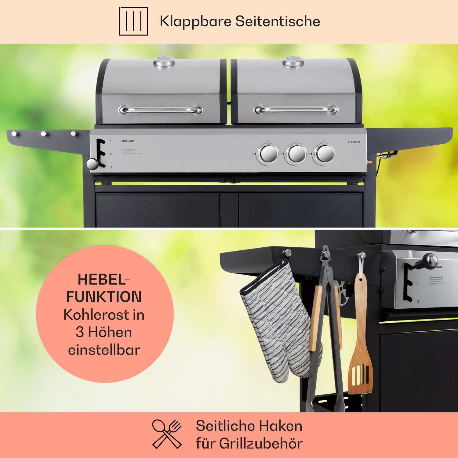 Kingsville - Griglia combinata, gas + carbonella, 8,1 kW, 2+1 bruciatori, regolabile in altezza 2 bruciatori principali + 1 bruciatore ausiliario