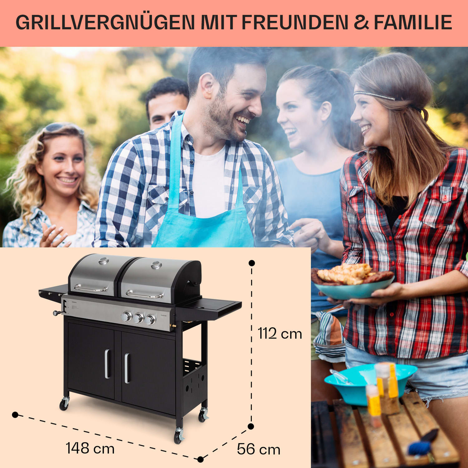 Kingsville - Griglia combinata, gas + carbonella, 8,1 kW, 2+1 bruciatori, regolabile in altezza 2 bruciatori principali + 1 bruciatore ausiliario