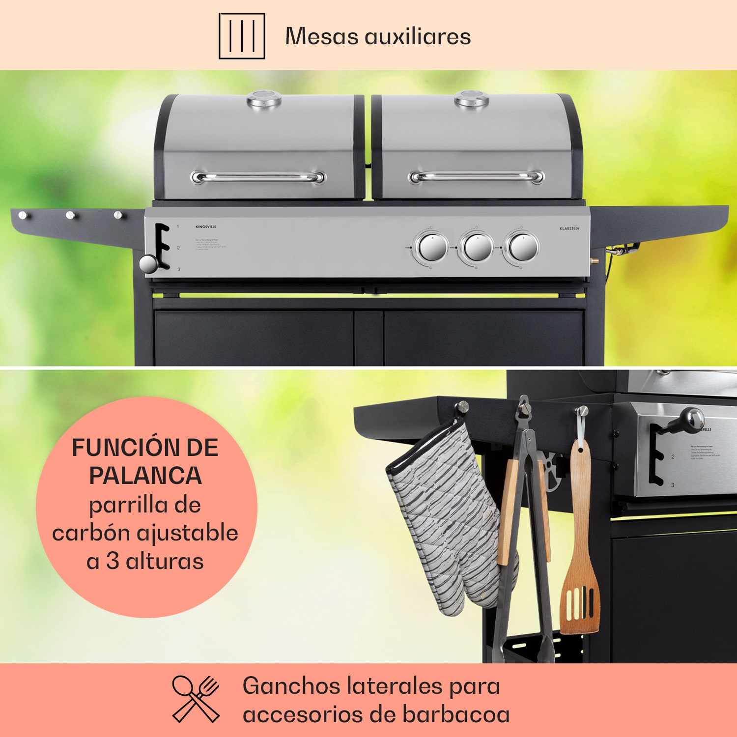 Kingsville Combi Grill Gas + Carbón 8,1 kW 2+1 Quemadores Ajustable en Altura 2 quemadores principales + 1 quemador lateral