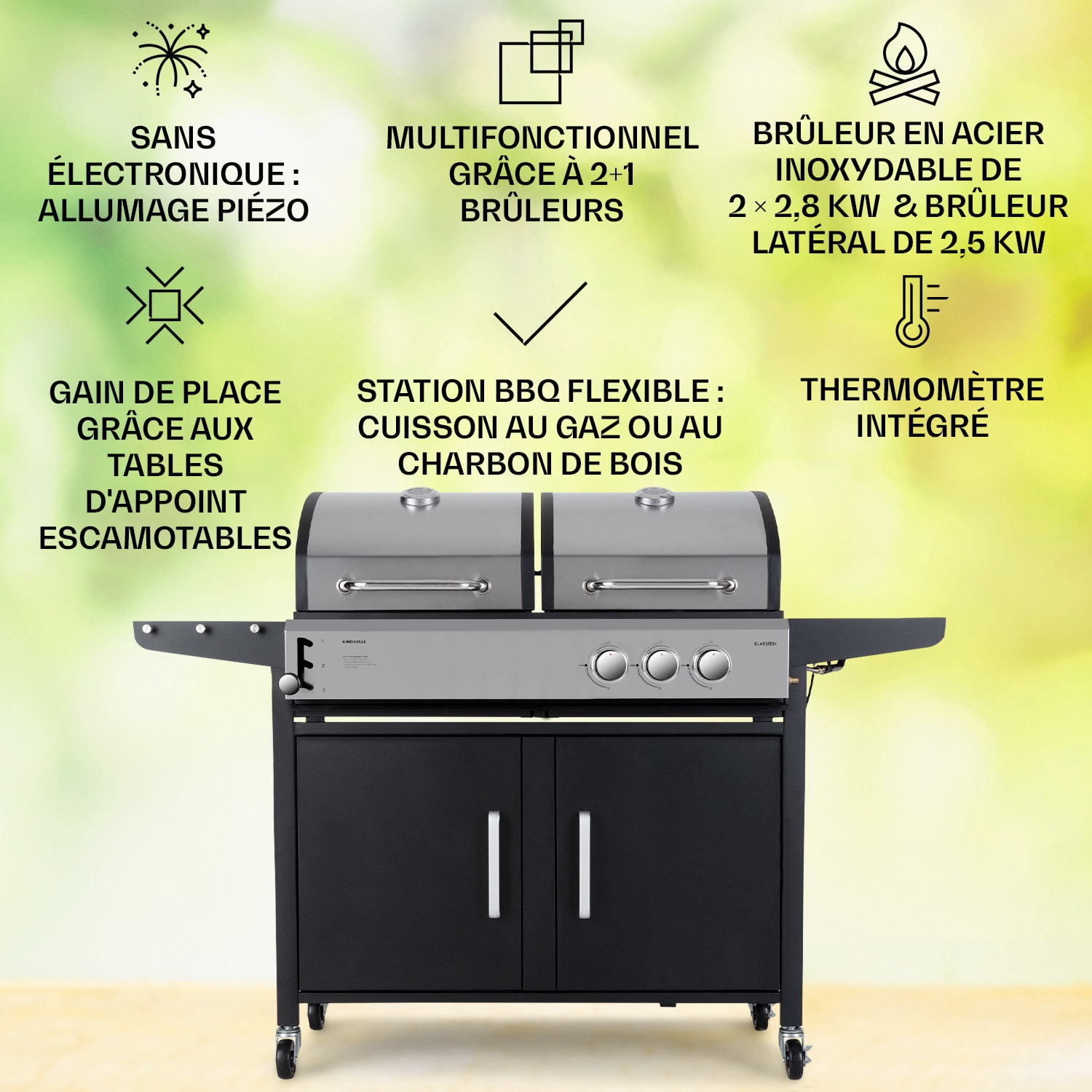 Kingsville barbecue combiné gaz + charbon 8,1 kW 2+1 brûleurs réglable en hauteur 