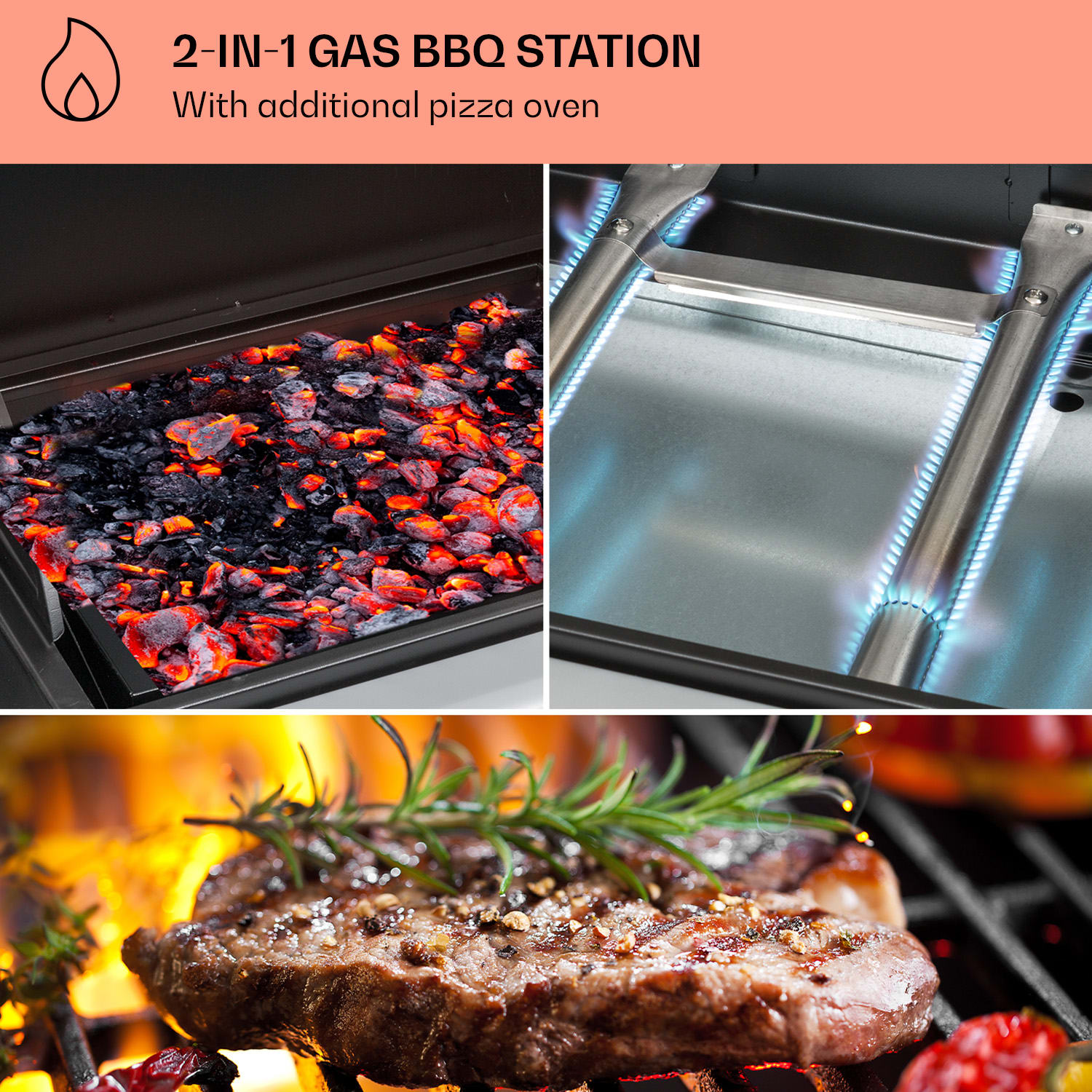 Kingsville, kombinirani roštilj, plin + ugljen, 8.1kW, 2+1 plamenik, podesiva visina 2 glavna plamenika + 1 bočni plamenik