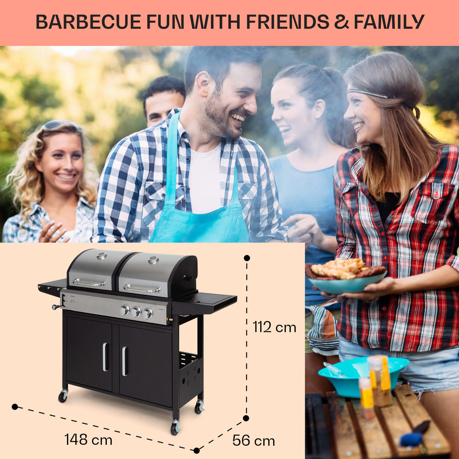 Kingsville, kombinirani roštilj, plin + ugljen, 8.1kW, 2+1 plamenik, podesiva visina 2 glavna plamenika + 1 bočni plamenik