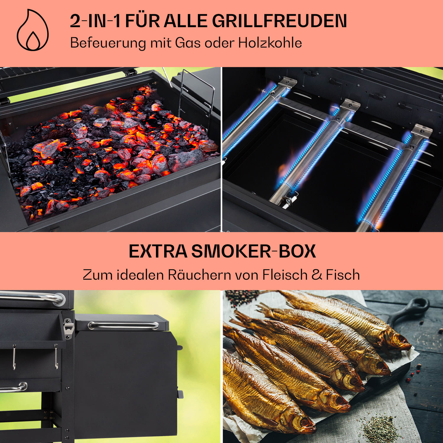 Kingsville Smoker Kombigrill Gas Kohle Smoker 13,5kW 3+1 Brenner schwarz 3 Hauptbrenner + 1 Zusatzbrenner + 1 Smoker