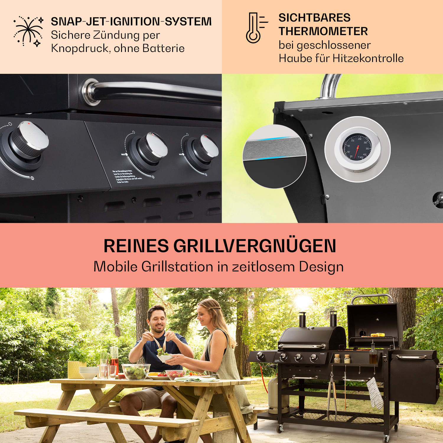 Kingsville Smoker Kombigrill Gas Kohle Smoker 13,5kW 3+1 Brenner schwarz 3 Hauptbrenner + 1 Zusatzbrenner + 1 Smoker