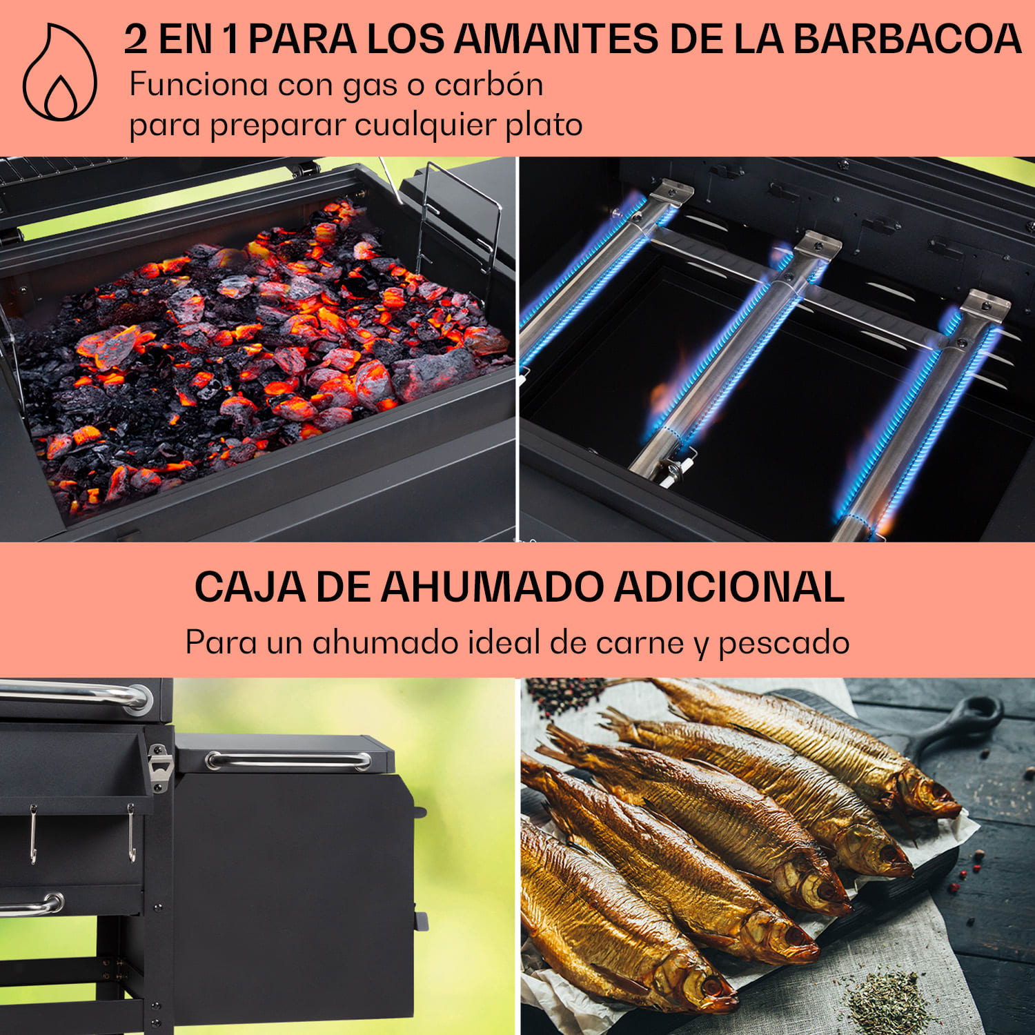 Ahumador Kingsville Combi Grill Gas Carbón Ahumador 13,5 kW 3+1 Quemadores Negro 