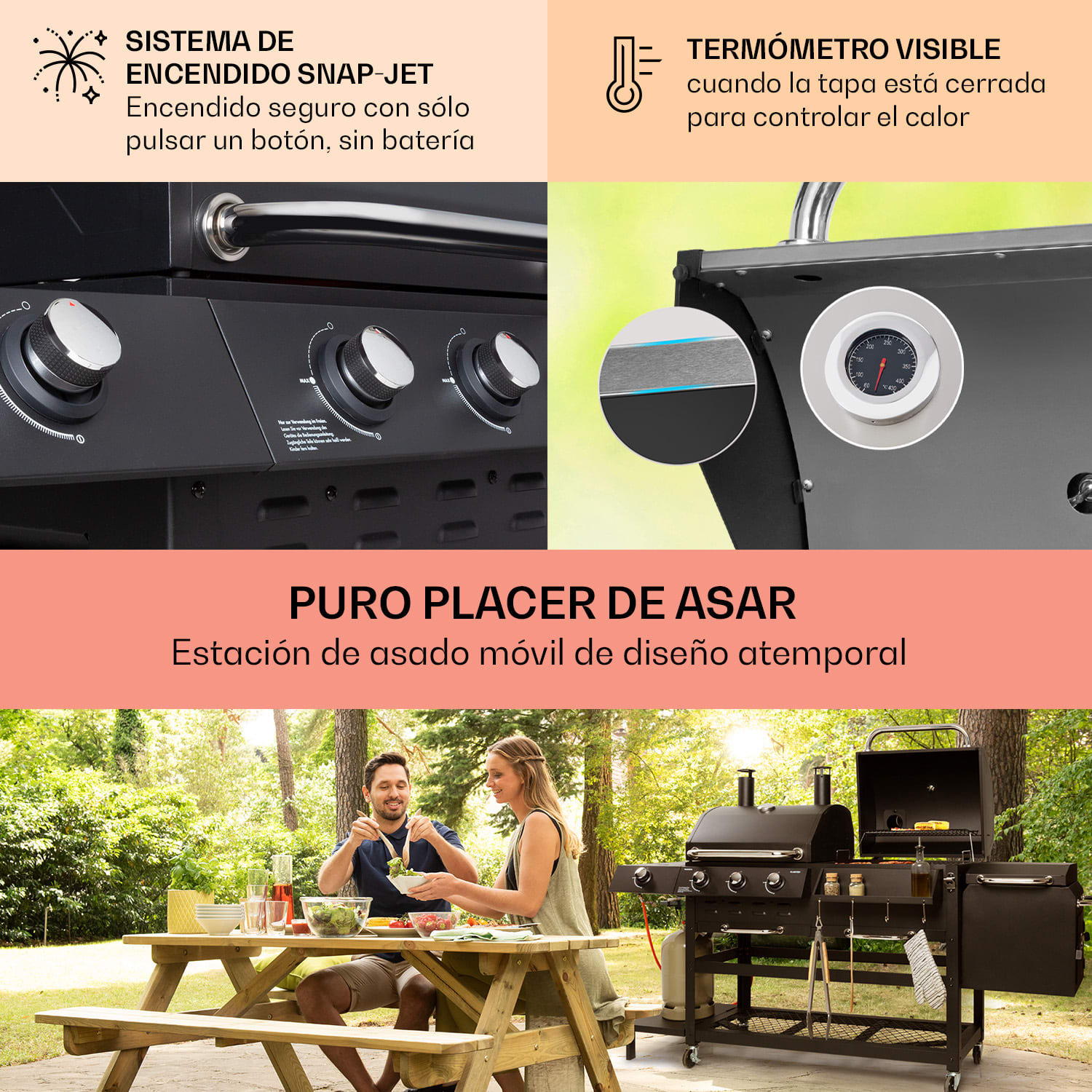 Ahumador Kingsville Combi Grill Gas Carbón Ahumador 13,5 kW 3+1 Quemadores Negro 