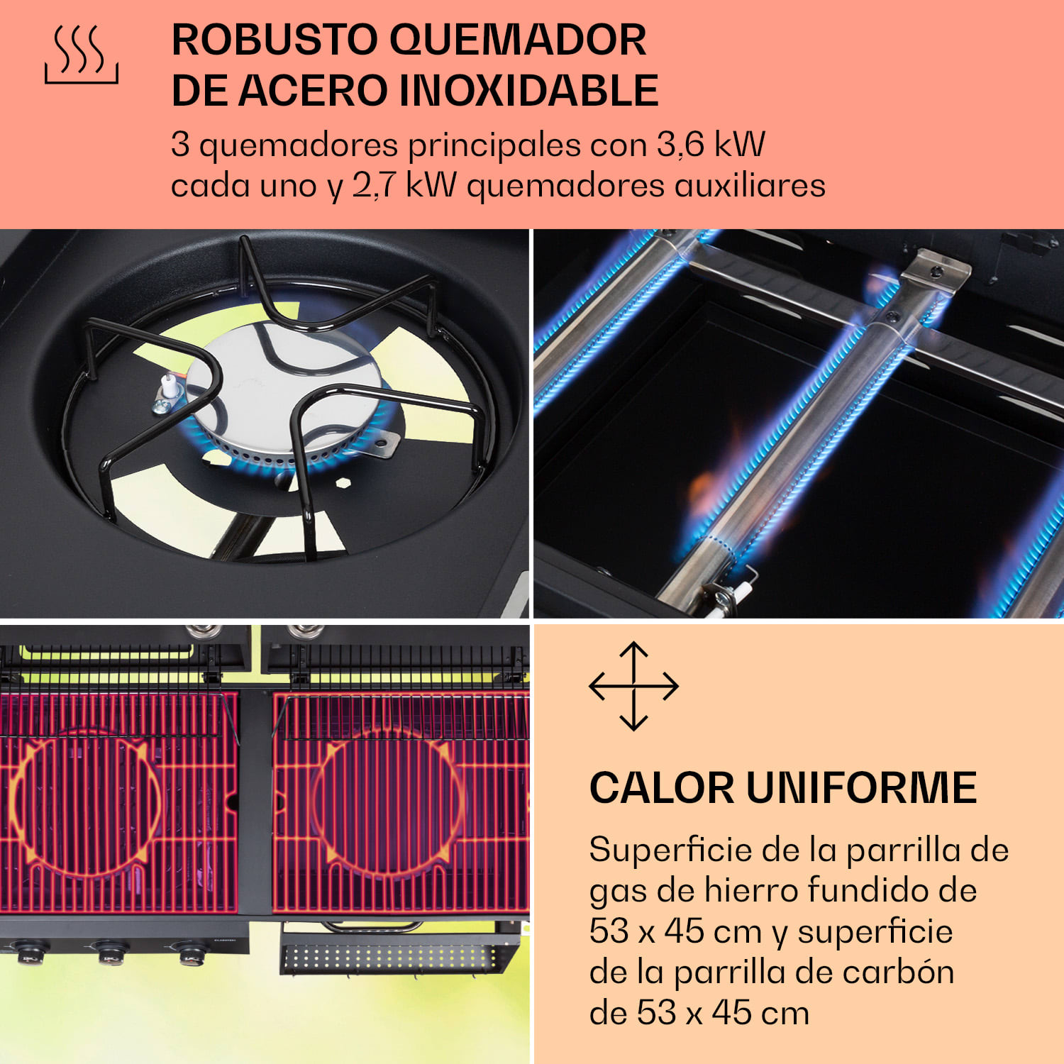 Ahumador Kingsville Combi Grill Gas Carbón Ahumador 13,5 kW 3+1 Quemadores Negro 