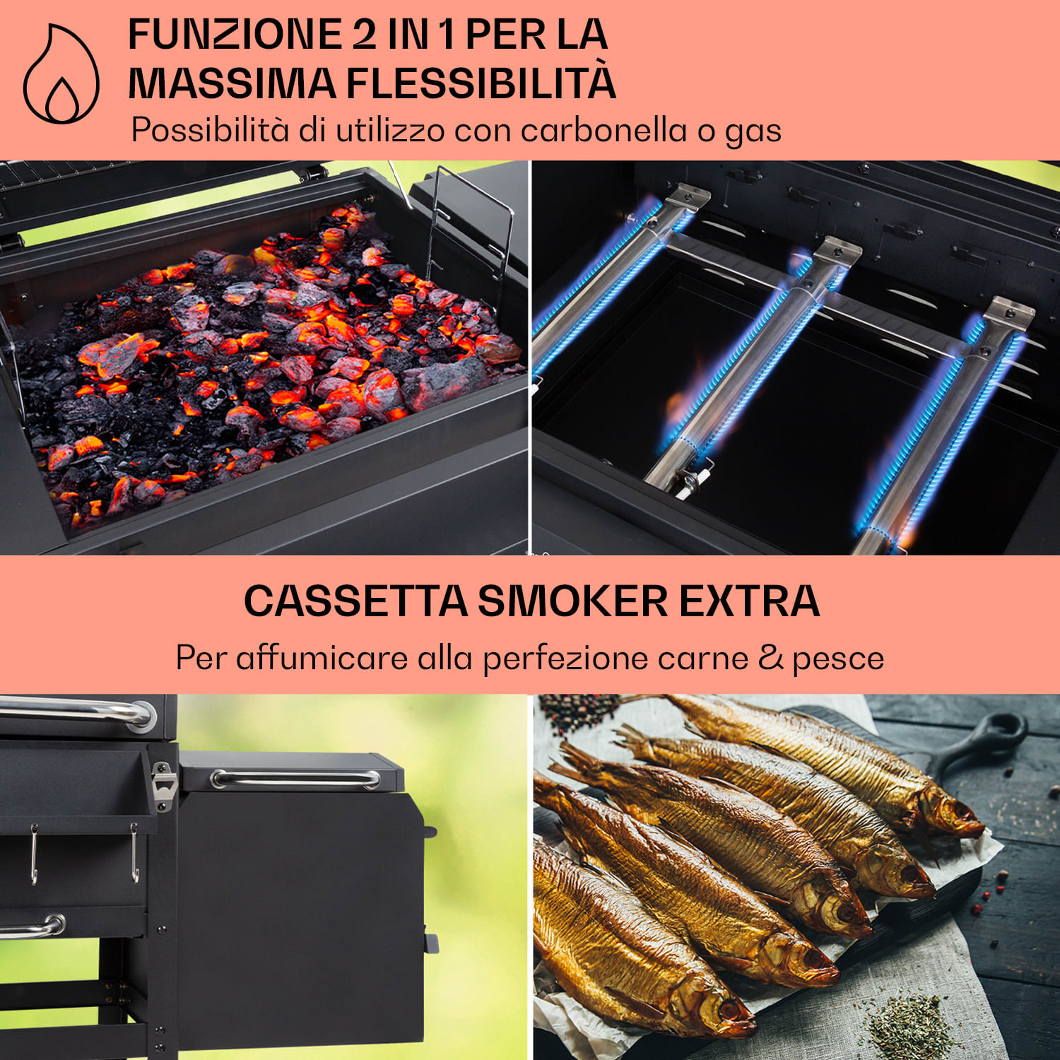 Kingsville Smoker - Griglia combinata, gas, carbonella, affumicatore, 13,5 kW, 3+1 bruciatori, nero 