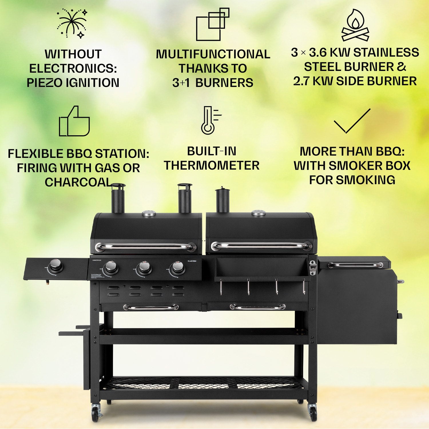 Kingsville Smoker, grill gazowo-węglowy, wędzarnia, 13,5 kW, 3 + 1 palniki 3 palniki główne + 1 palnik pomocniczy + 1 palnik wędzarniczy