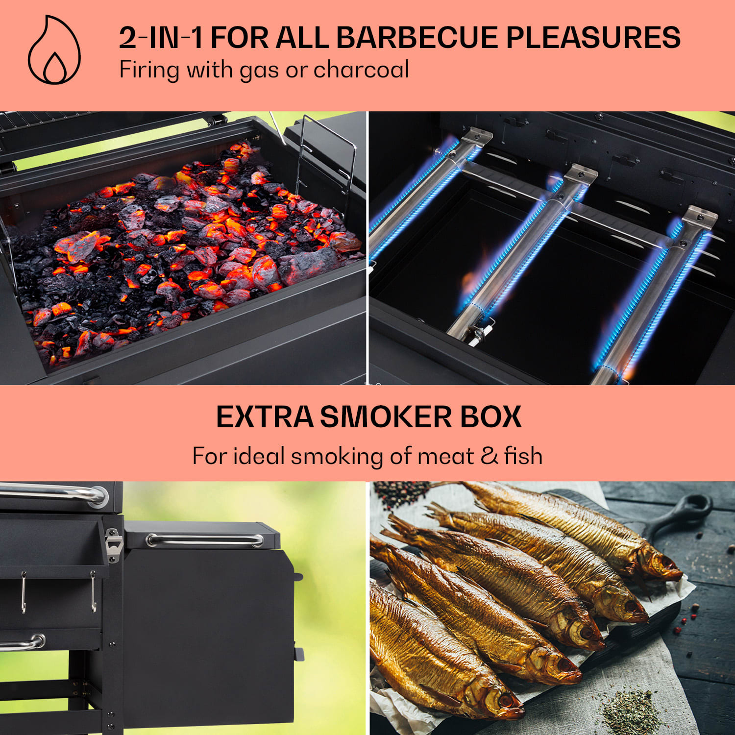 Kingsville Smoker, grill gazowo-węglowy, wędzarnia, 13,5 kW, 3 + 1 palniki 3 palniki główne + 1 palnik pomocniczy + 1 palnik wędzarniczy