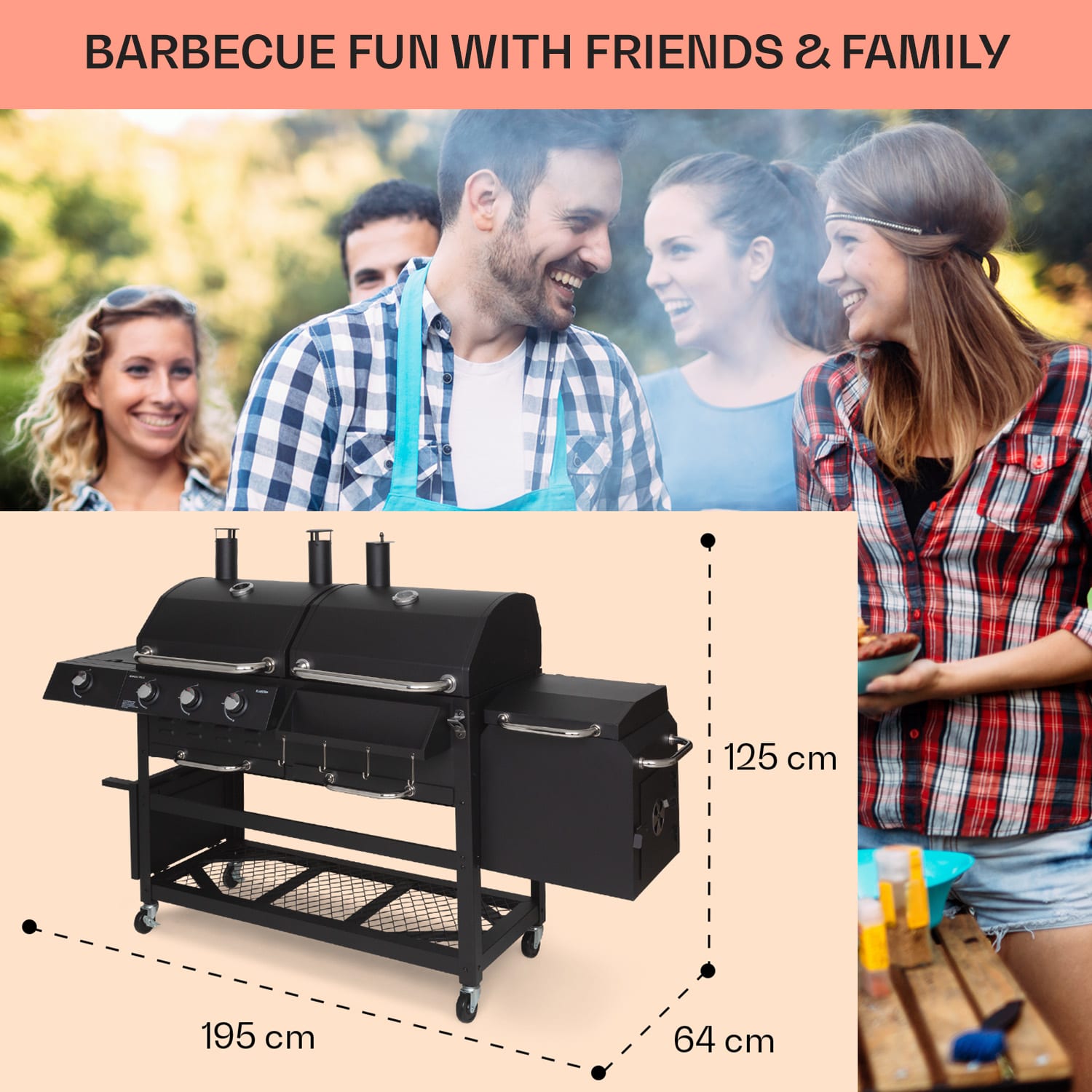 Kingsville Smoker, grill gazowo-węglowy, wędzarnia, 13,5 kW, 3 + 1 palniki 3 palniki główne + 1 palnik pomocniczy + 1 palnik wędzarniczy