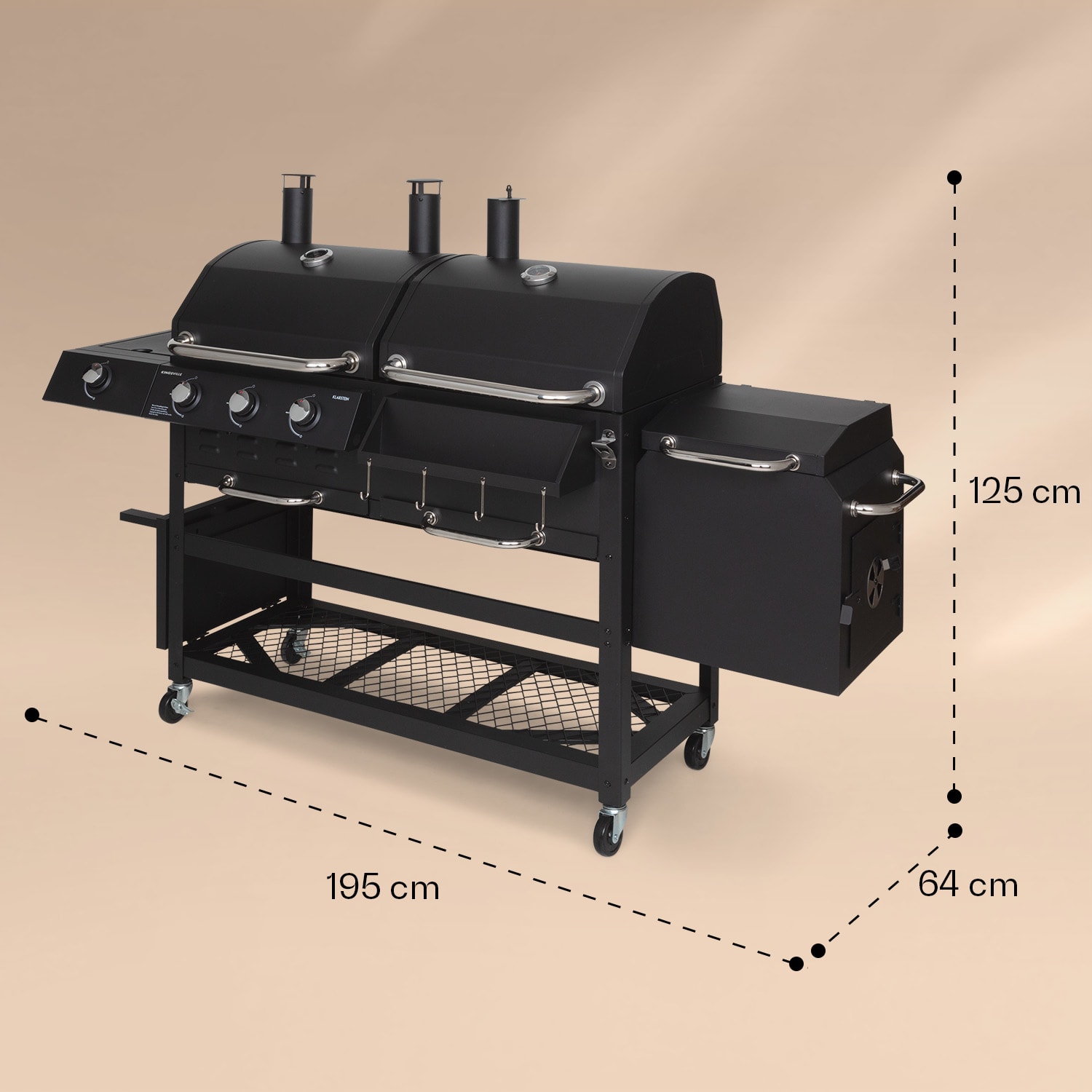 Kingsville Smoker, grill gazowo-węglowy, wędzarnia, 13,5 kW, 3 + 1 palniki 3 palniki główne + 1 palnik pomocniczy + 1 palnik wędzarniczy
