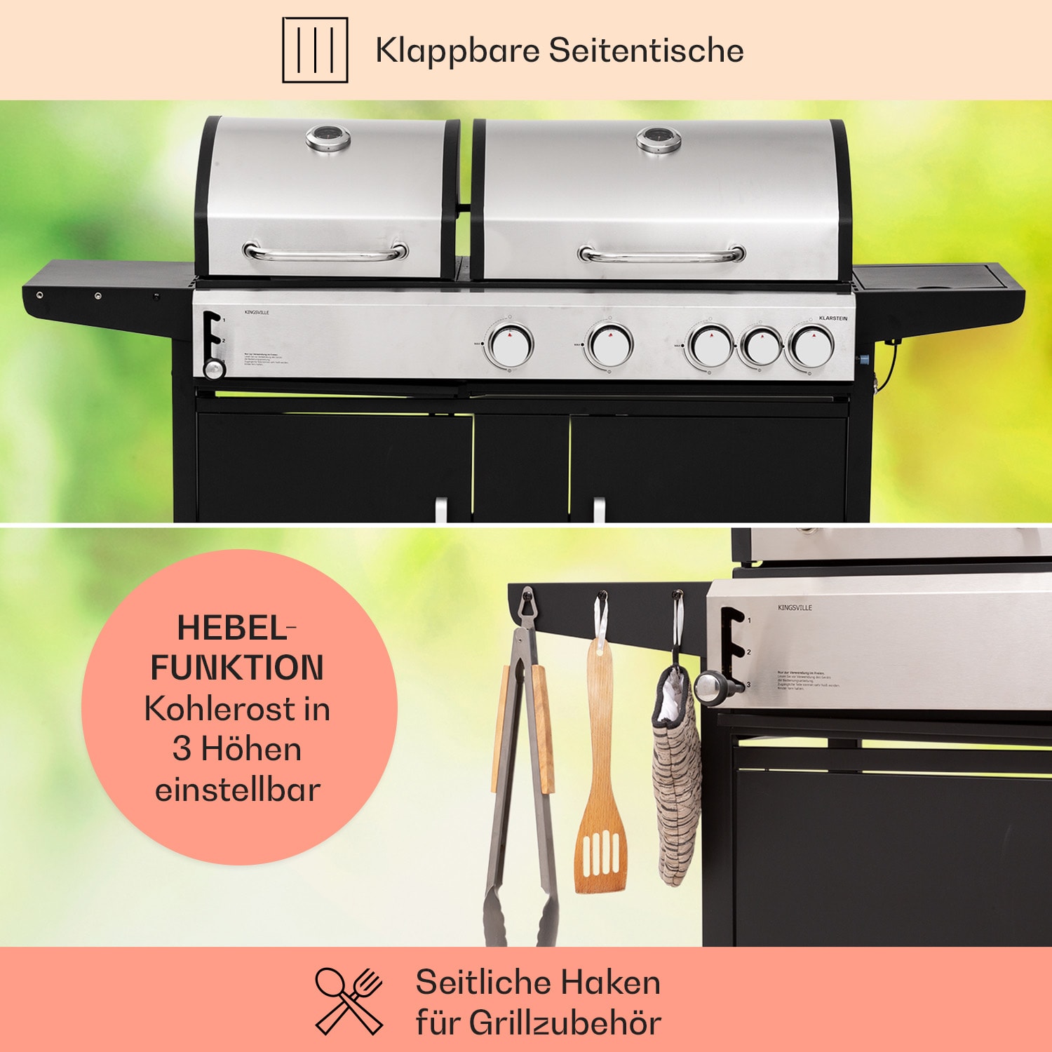 Kingsville 4.1 - Griglia combinata gas + carbonella, 13,7 kW, 4+1 bruciatori, regolabile in altezza 