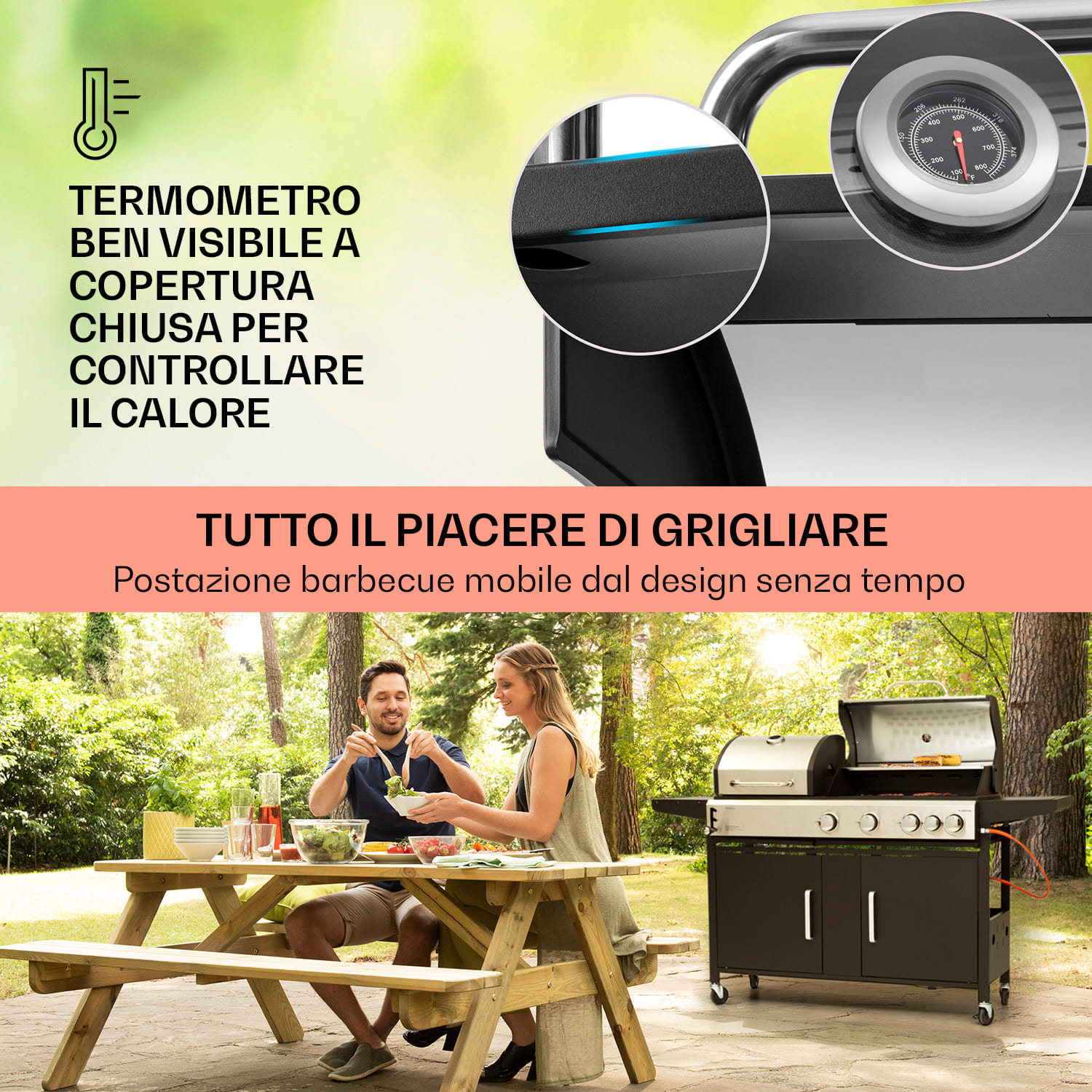 Kingsville 4.1 - Griglia combinata gas + carbonella, 13,7 kW, 4+1 bruciatori, regolabile in altezza 