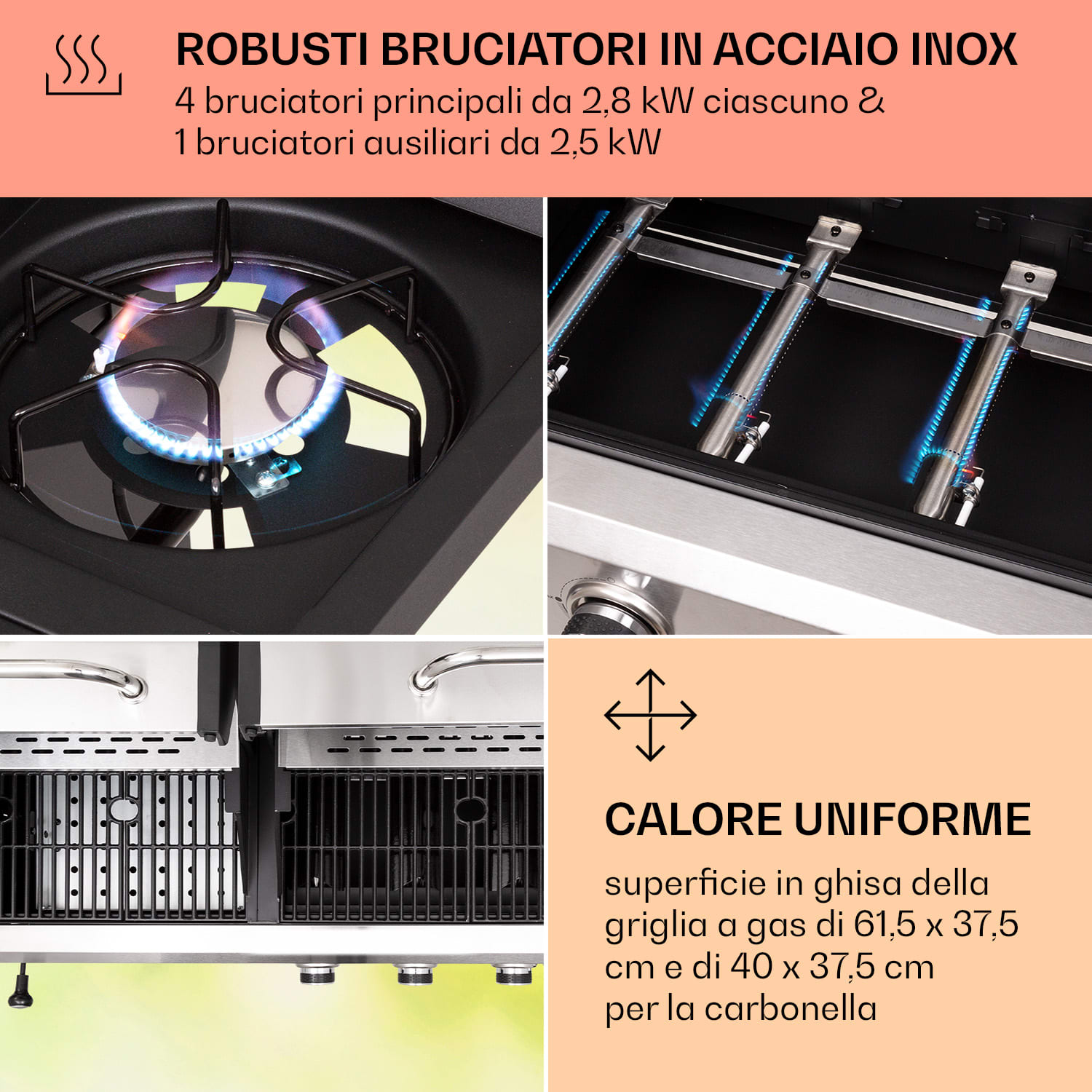 Kingsville 4.1 - Griglia combinata gas + carbonella, 13,7 kW, 4+1 bruciatori, regolabile in altezza 
