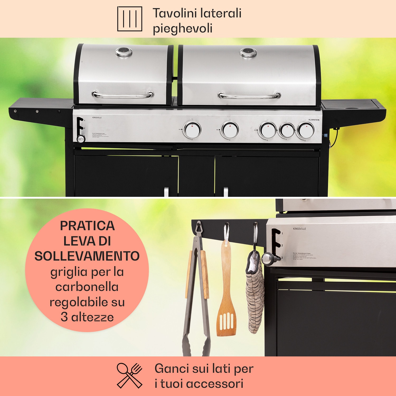 Kingsville 4.1 - Griglia combinata gas + carbonella, 13,7 kW, 4+1 bruciatori, regolabile in altezza 