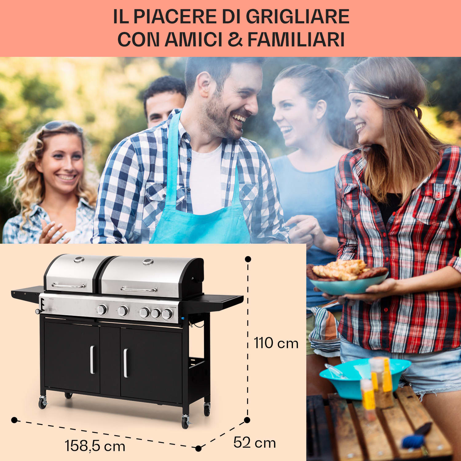 Kingsville 4.1 - Griglia combinata gas + carbonella, 13,7 kW, 4+1 bruciatori, regolabile in altezza 