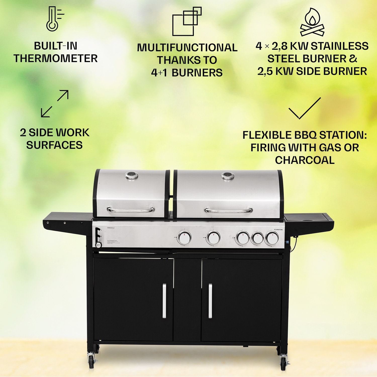 Kingsville 4.1, grill gazowo-węglowy, na węgiel drzewny, 4 + 1 palników o mocy całkowitej 13,7 kW, regulacja wysokości