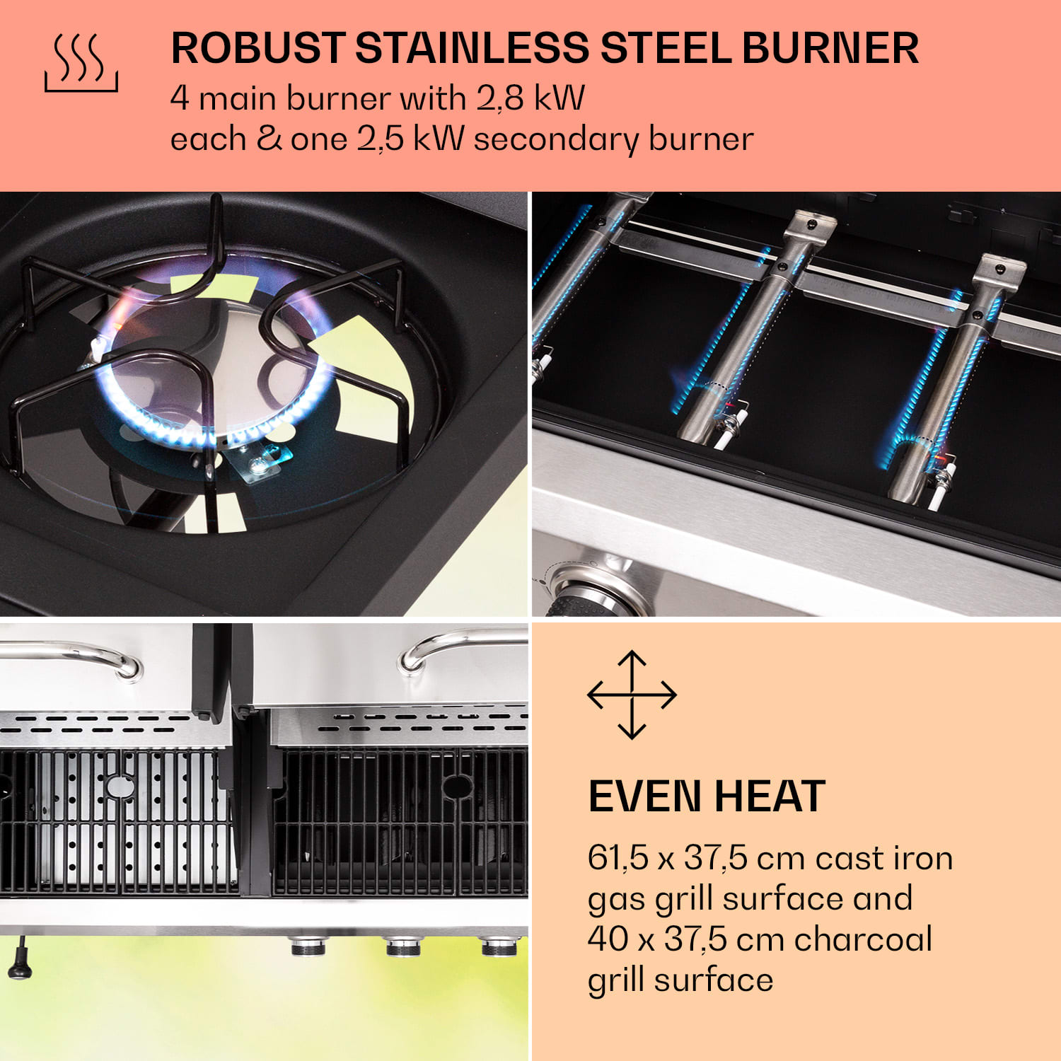 Kingsville 4.1, kombinirani žar na plin + oglje, 13,7 kW, 4+1 gorilniki, nastavljiva višina 4 glavna gorilnika + 1 stranski gorilnik