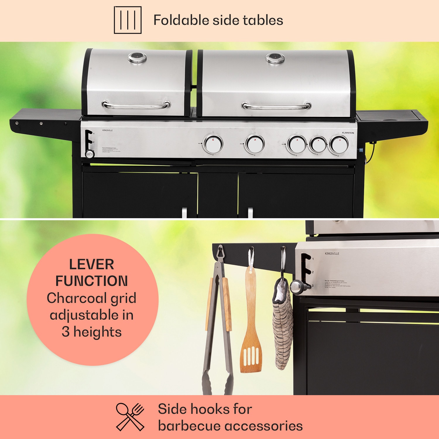 Kingsville 4.1, grill gazowo-węglowy, na węgiel drzewny, 4 + 1 palników o mocy całkowitej 13,7 kW, regulacja wysokości