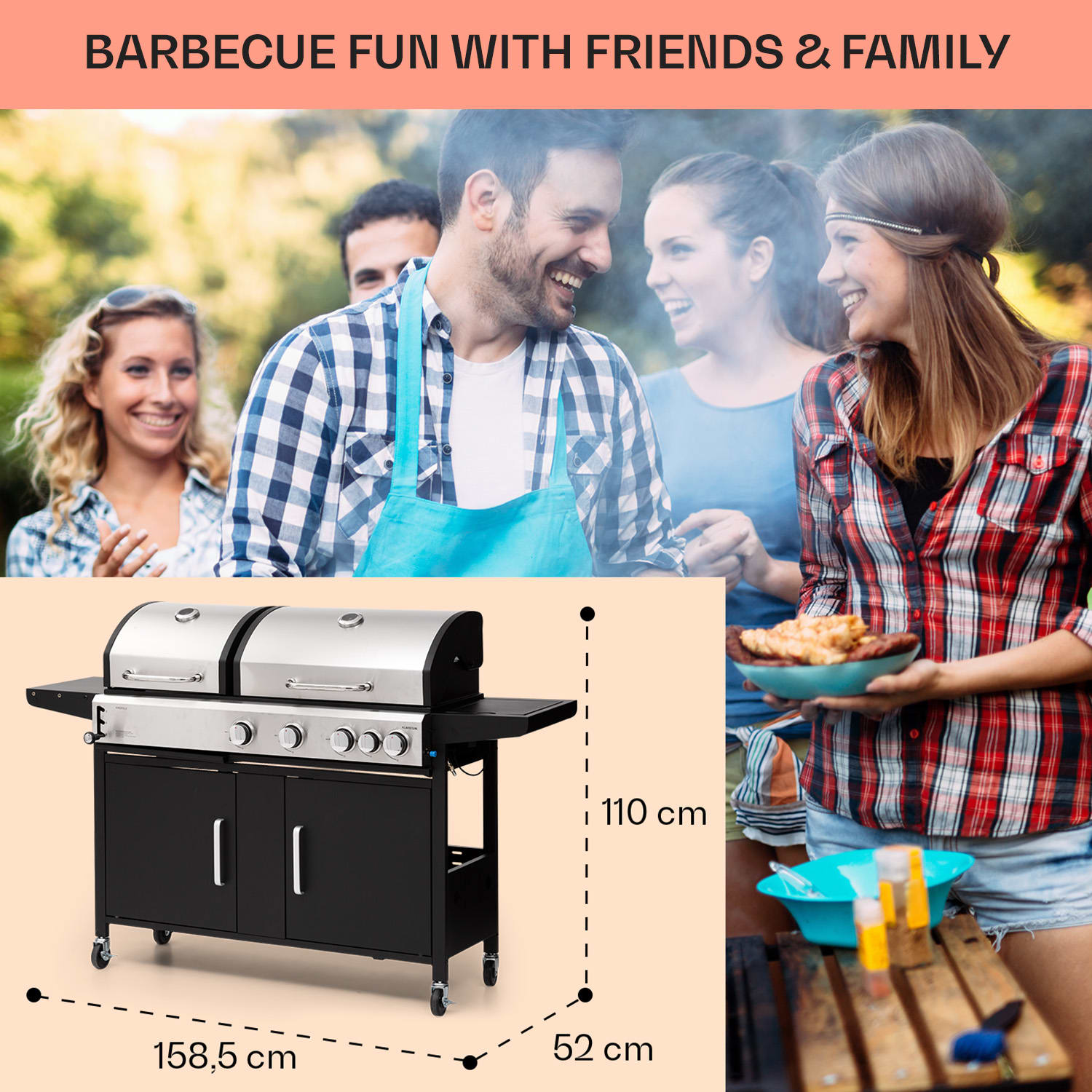 Kingsville 4.1, grill gazowo-węglowy, na węgiel drzewny, 4 + 1 palników o mocy całkowitej 13,7 kW, regulacja wysokości