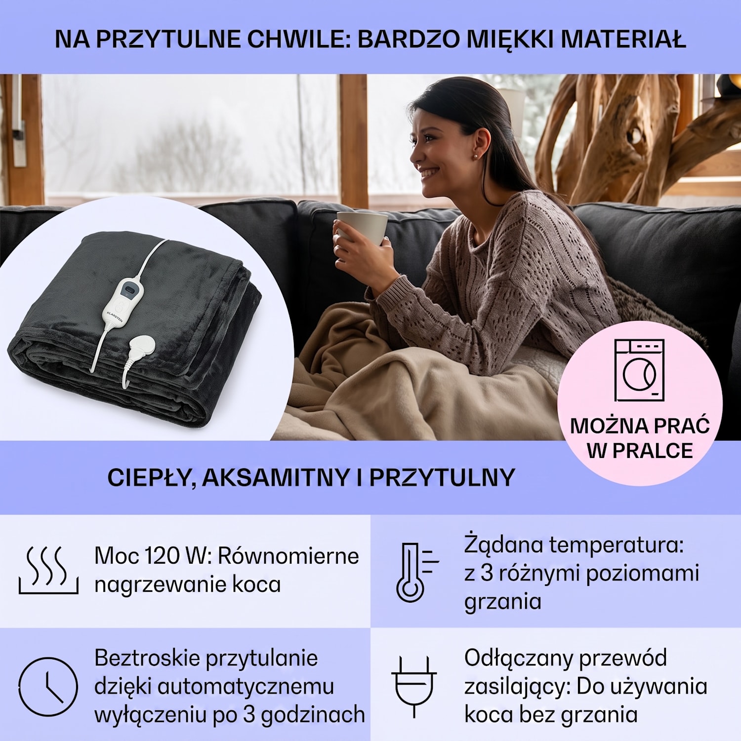 Slanket, koc elektryczny z rękawami, 120 W, 155 x 180 cm, polar Coral Fleece 155 x 180 cm | Antracyt
