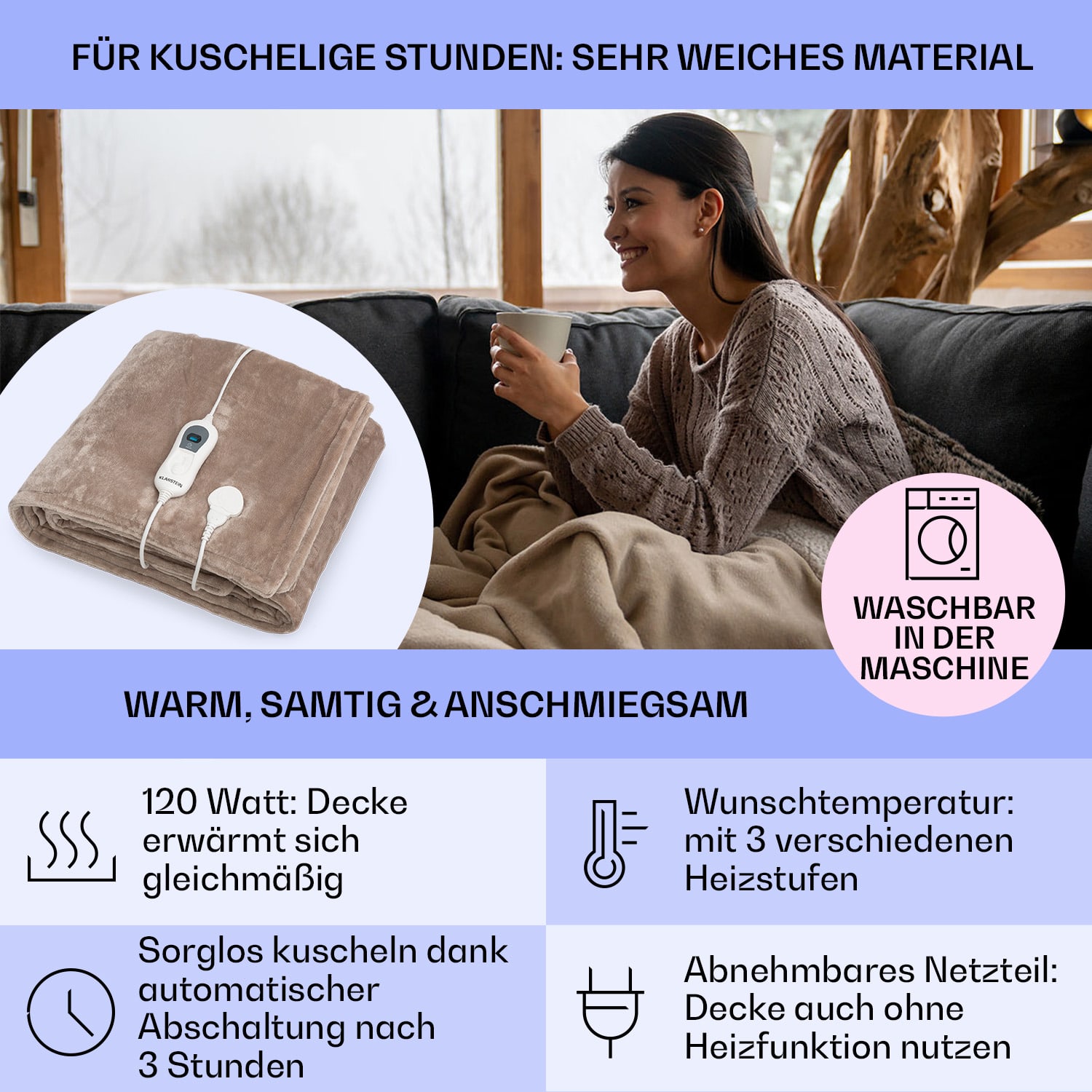 Slanket Heizdecke mit Ärmeln 120W 155x180cm Coral Fleece 155 x 180 cm | Dunkles Taupe