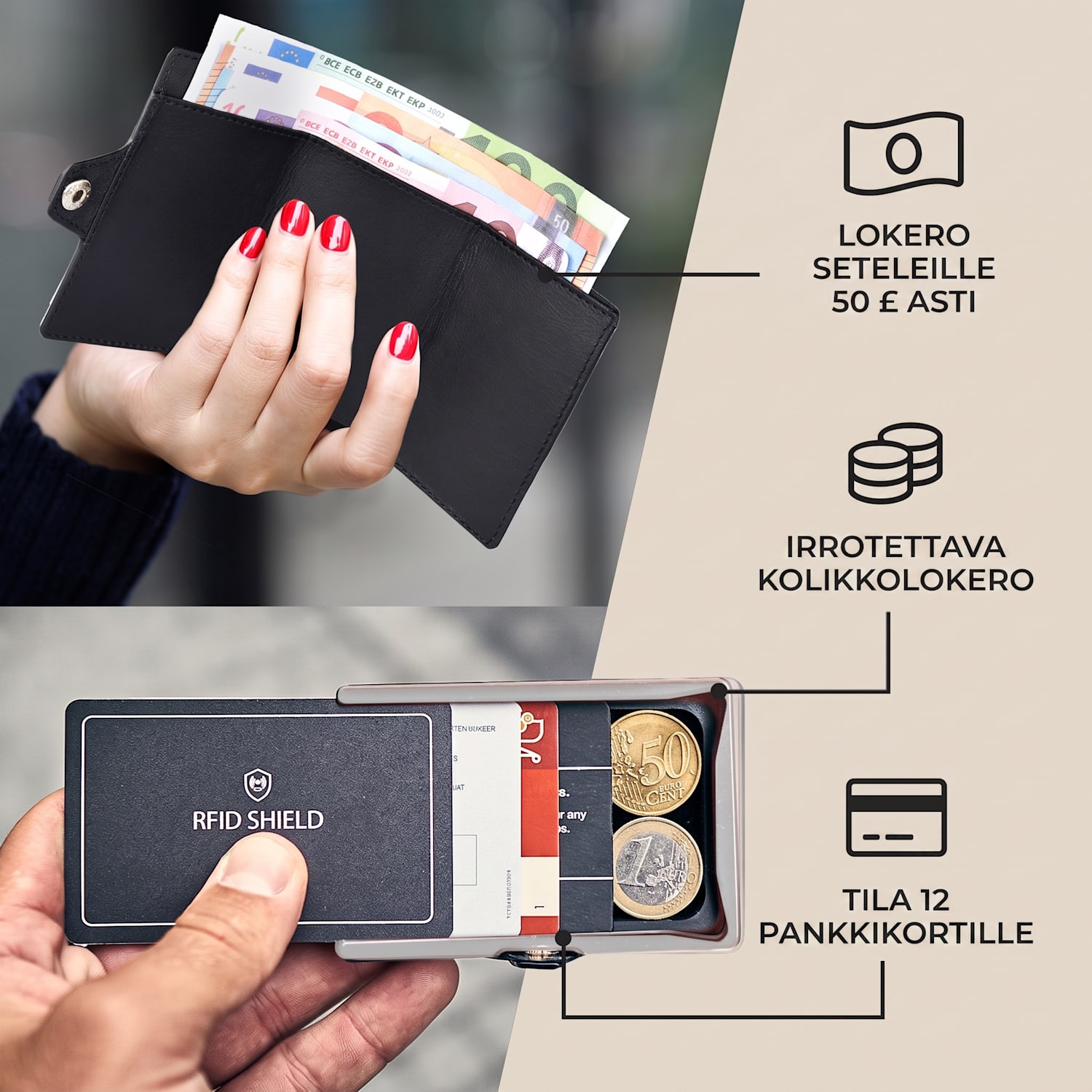 ZNAP Slim lompakko 12 kortille kolikkotasku 8,9 x 1,8 x 6,3 cm (leveys x korkeus x syvyys)  RFID-suoja standardi | musta / nikkeli