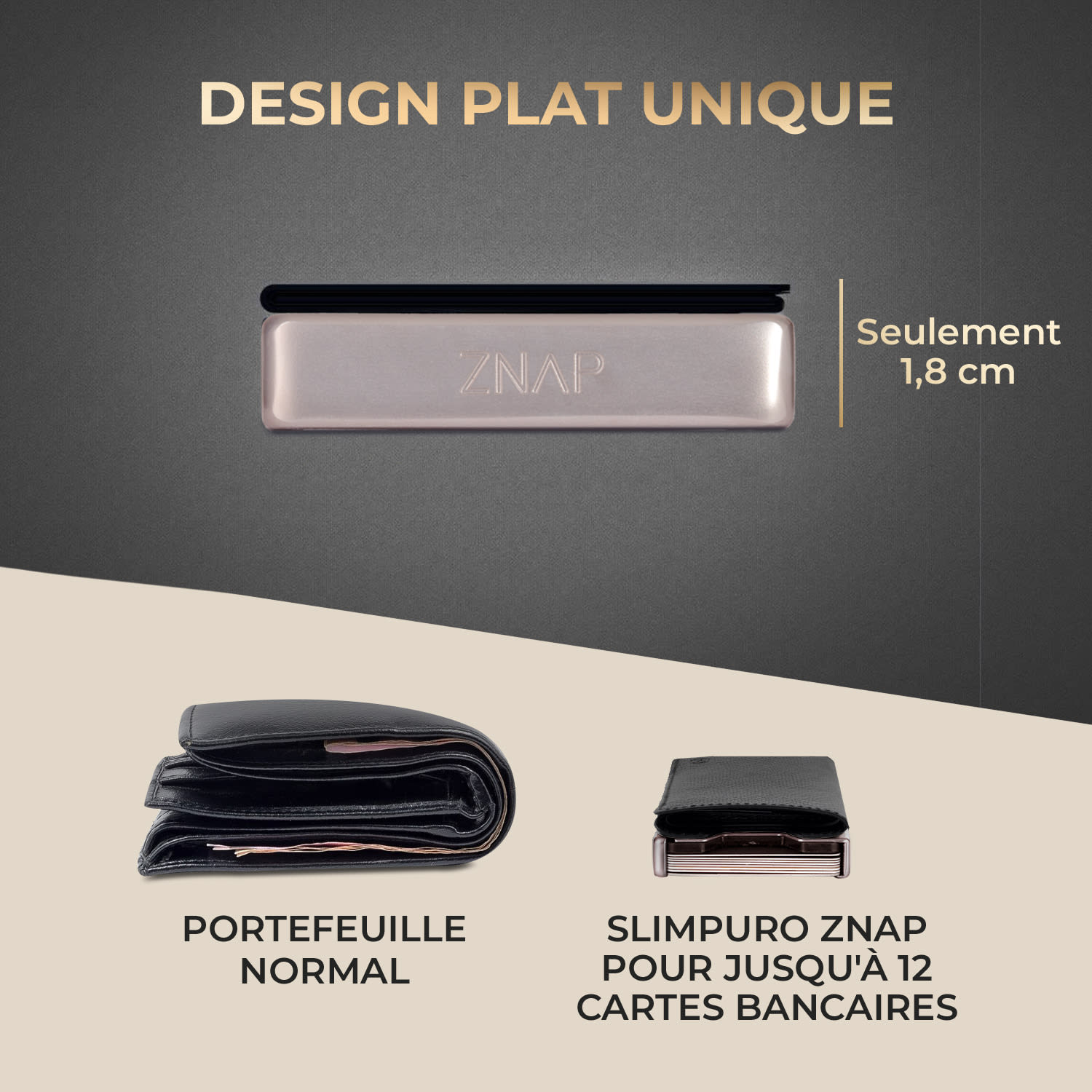 ZNAP Slim Wallet 12 Cartes pochette à monnaie 8,9 x 1,8 x 6,3 cm (LxHxP)  Protection RFID Standard | noir / nickel