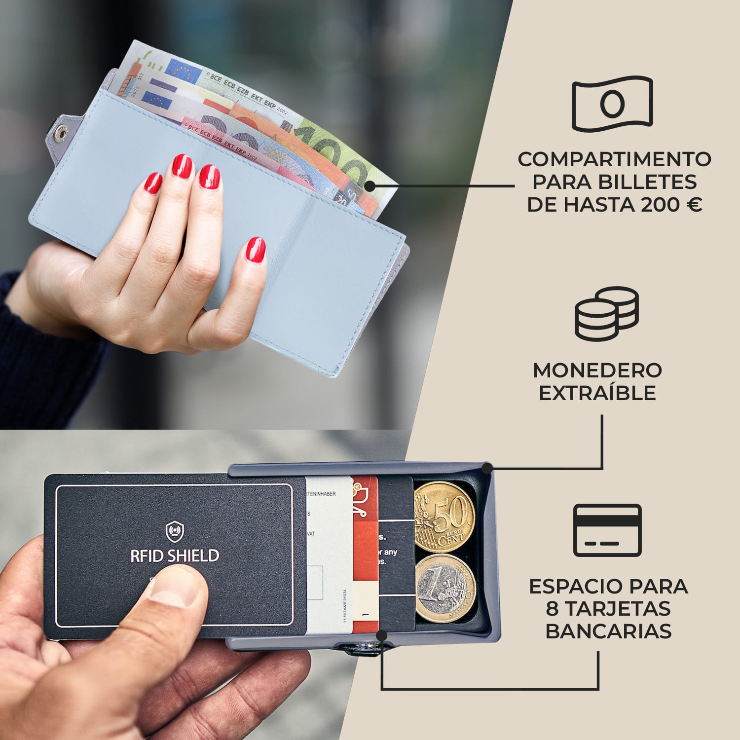 ZNAP Slim Wallet 8 billetera delgada 8 tarjetas y compartimento para monedas 8,9 x 1,5 x 6,3 cm (ancho x grueso x largo) Protección RFID Standard | Azul Pastel