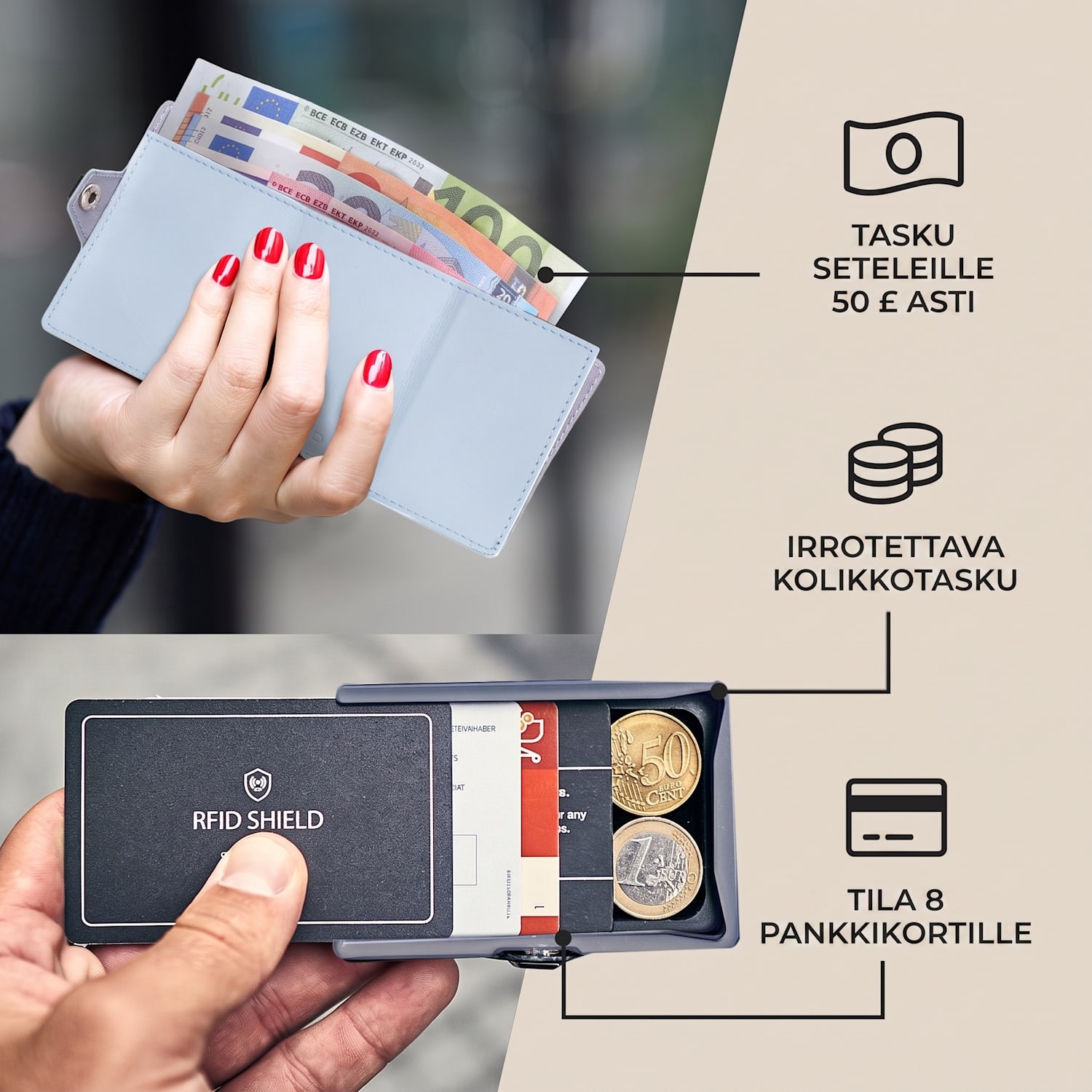 ZNAP Slim lompakko 8 kortille kolikkotasku 8,9 x 1,5 x 6,3 cm (leveys x korkeus x syvyys)  RFID-suoja standardi | Pastellinsininen