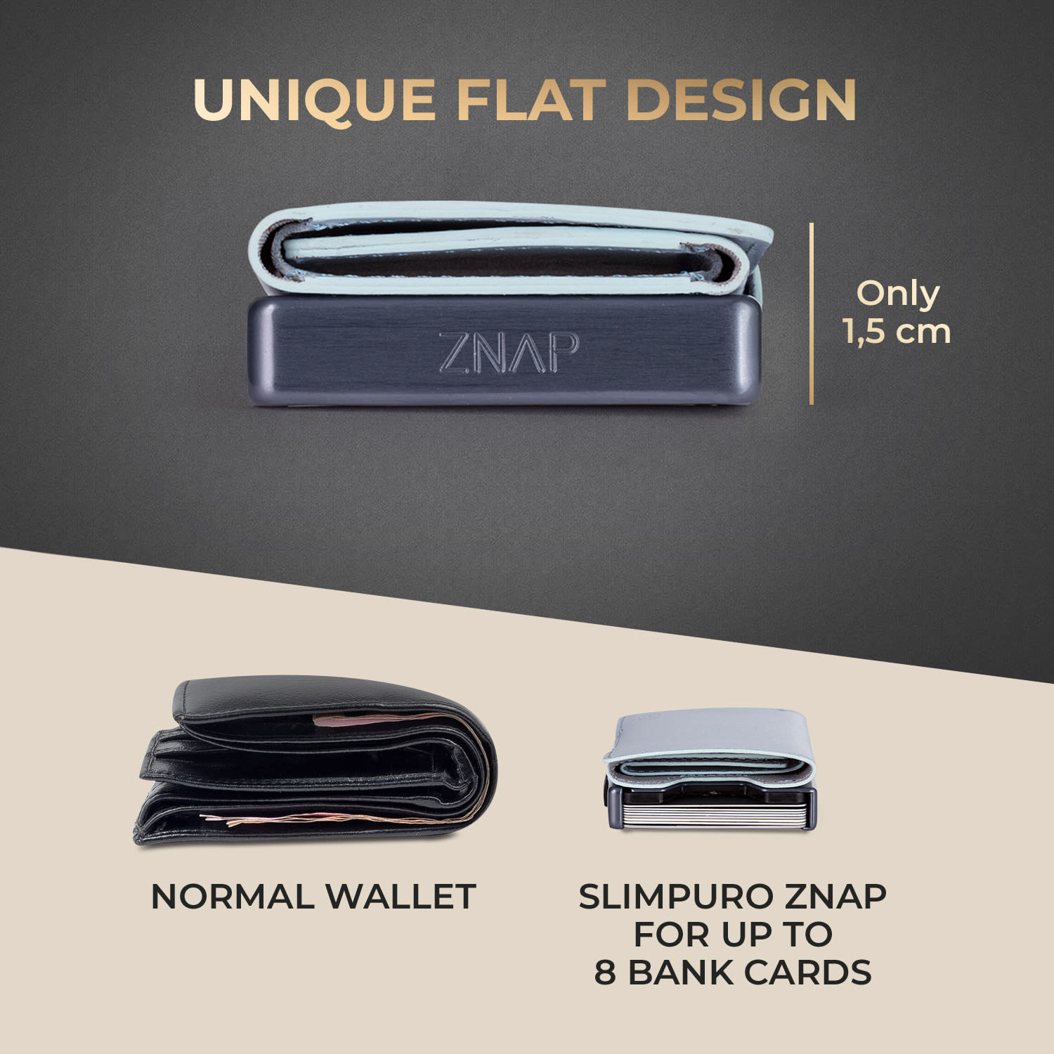 ZNAP, portofel subțire, 8 cărți, compartiment pentru monede, 8,9 × 1,5 × 6,3 cm (L × Î × l), protecție RFID Standard | Pastelově modrá