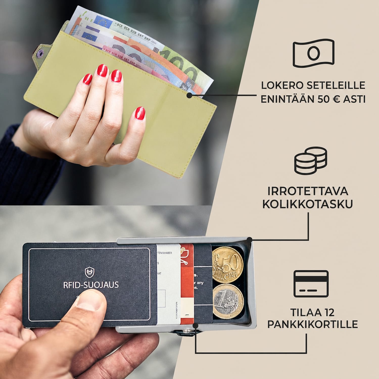 ZNAP Slim lompakko 12 kortille kolikkotasku 8,9 x 1,8 x 6,3 cm (leveys x korkeus x syvyys)  RFID-suoja standardi | Sammal